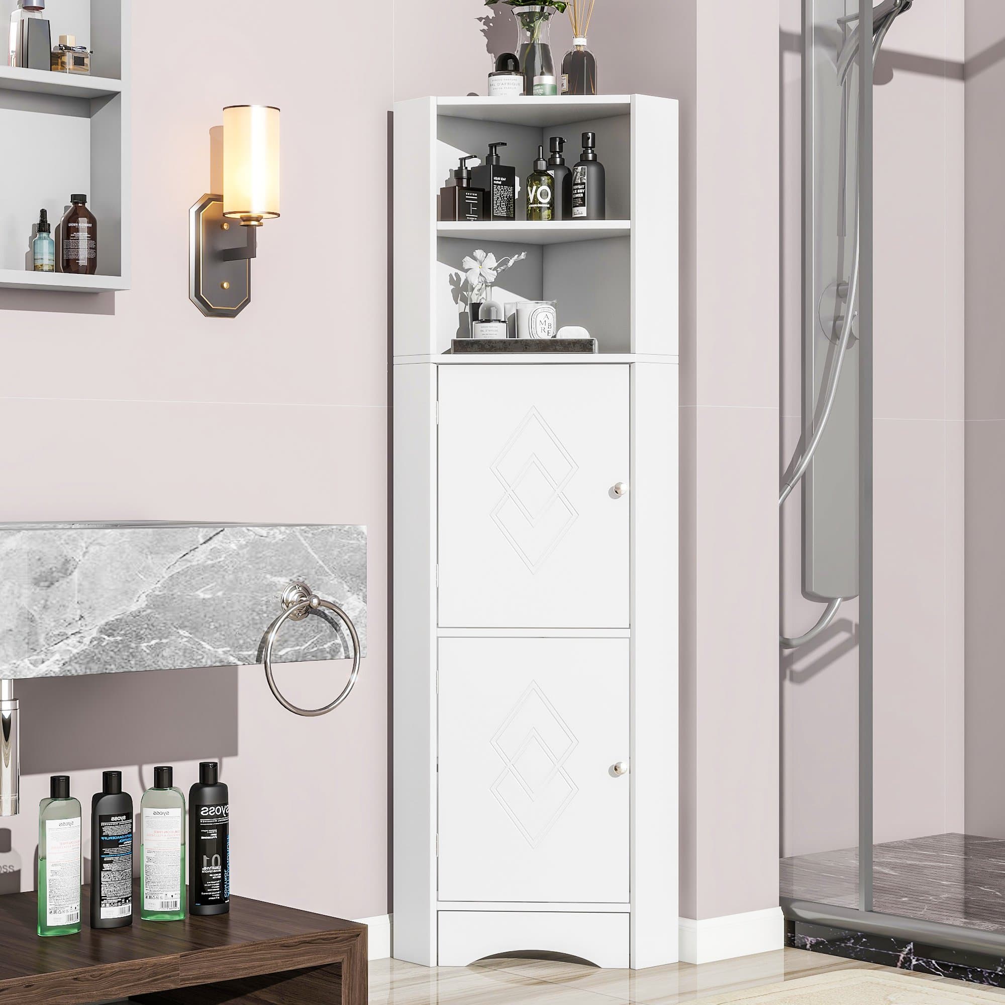 Armoire de salle de bain d'angle avec deux étagères, tablette réglable, 36,5×36,5×155 cm,Blanc