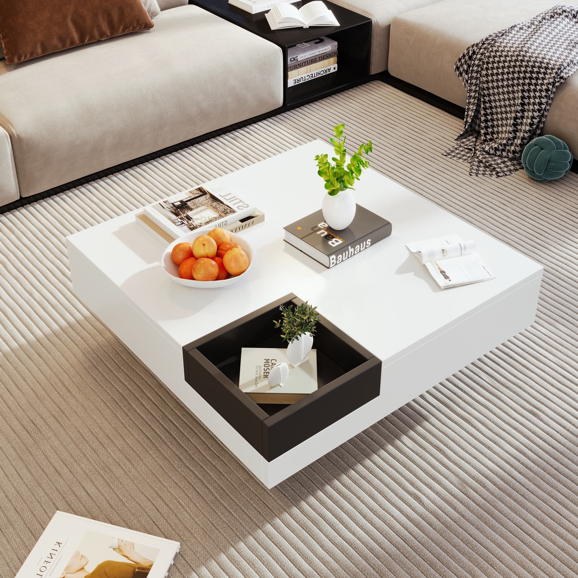 Table basse design en haute brillance, Table de salon avec boîte de rangement amovible et effet lumineux LED, 72×72×30 cm, Blanc Aosom France