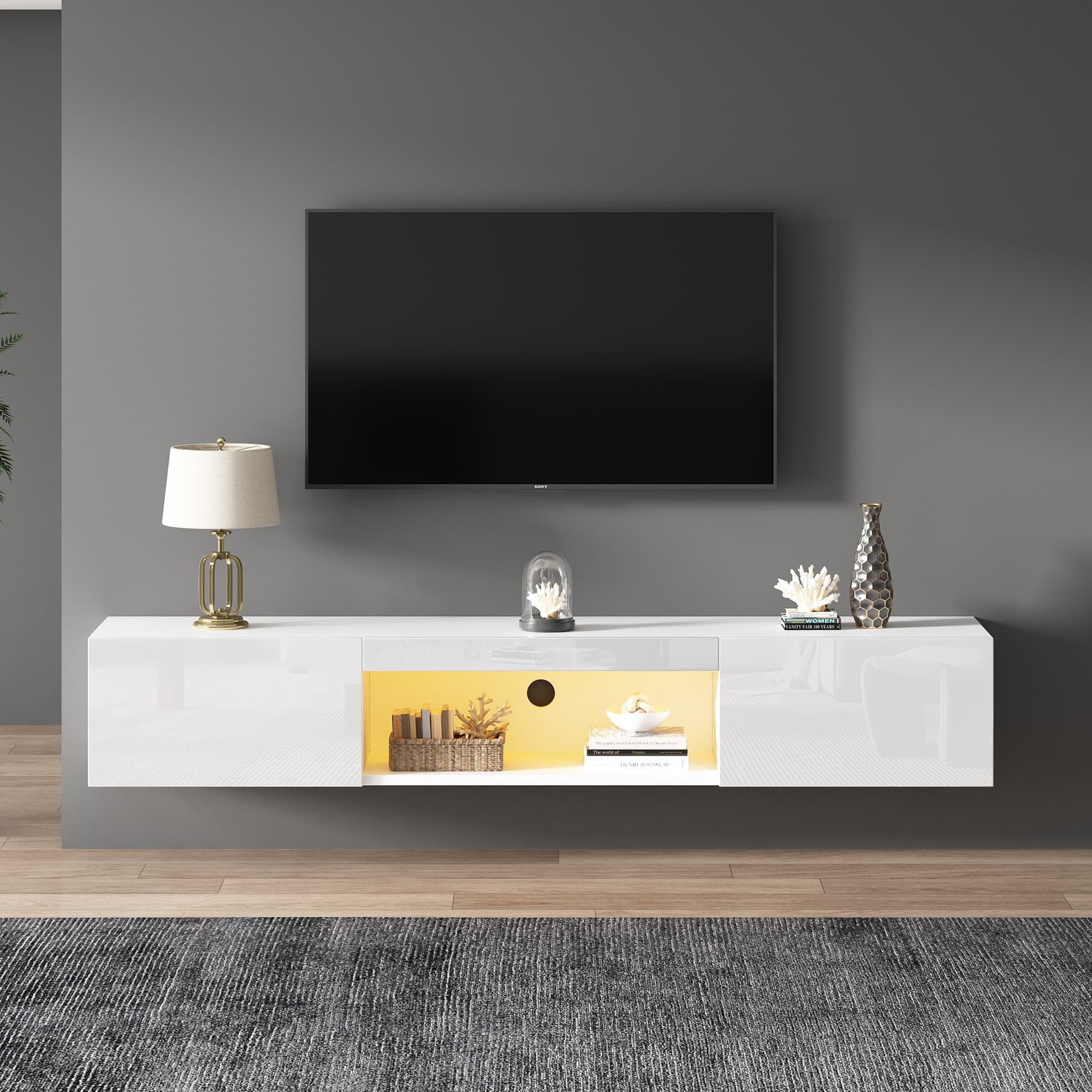 Meuble mural brillant pour TV de 70 pouces, avec éclairage LED et contrôle via application Bluetooth, 160×31×22 cm, Blanc