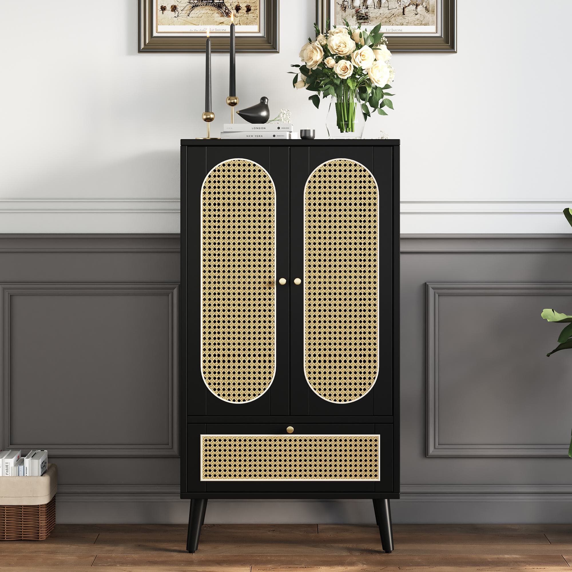 Buffet compact, Crédence cuisine en rotin, 2 portes, 1 tiroir, pieds réglables en hauteur, Noir Aosom France