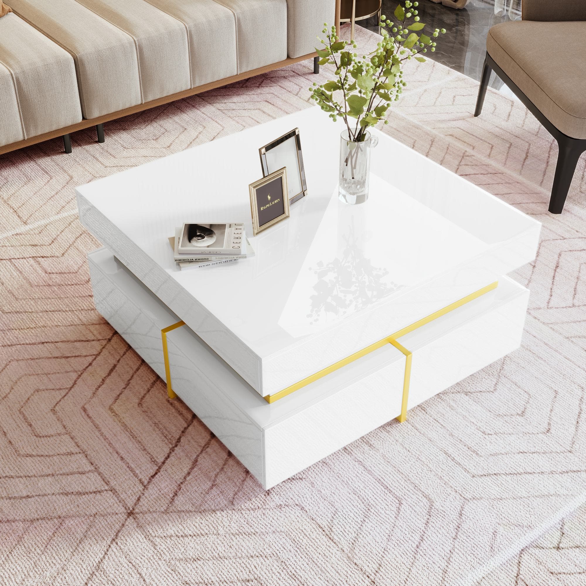 Table basse en laque brillante avec tiroirs et accents dorés, Blanc