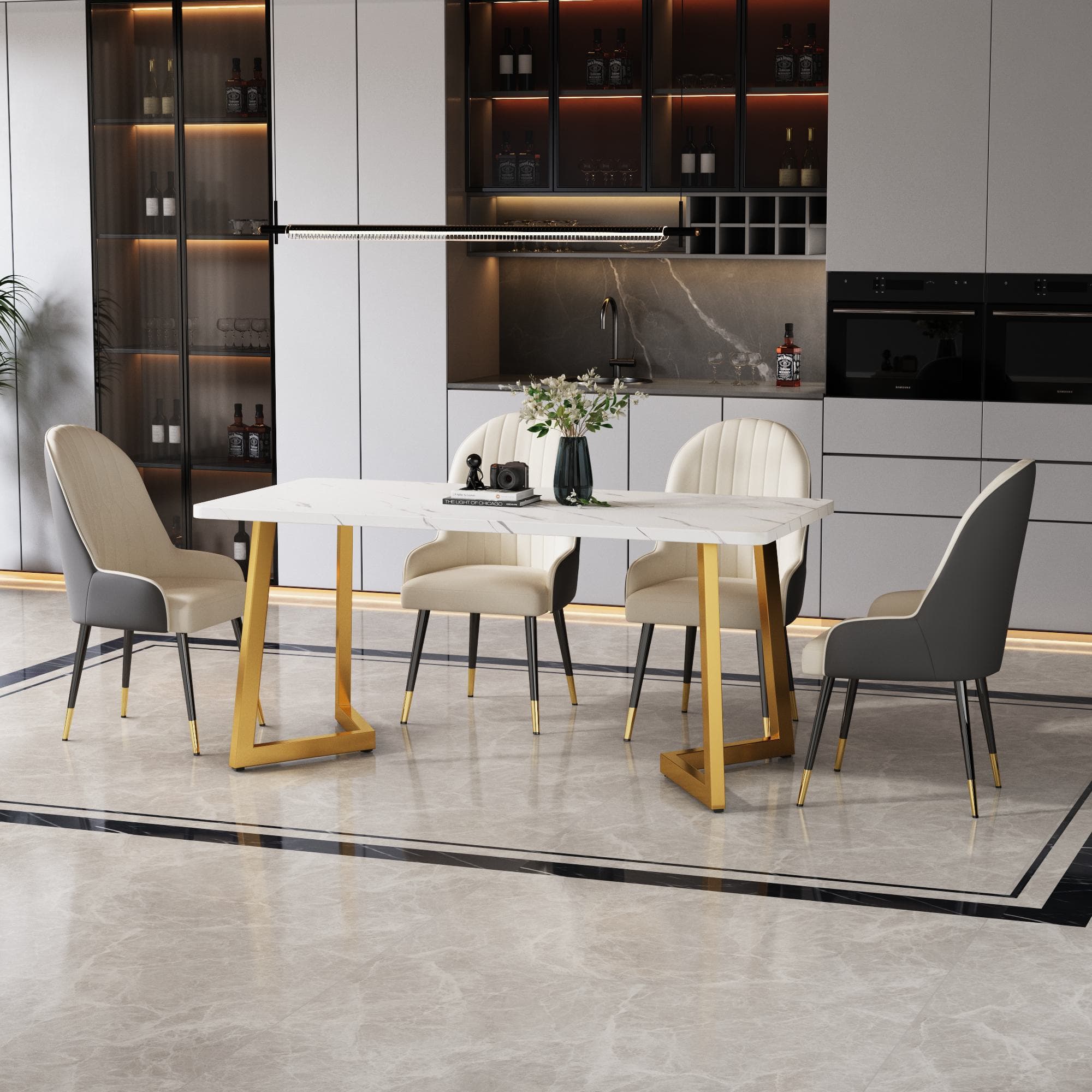 Table rectangulaire 117x68 cm, plateau en MDF effet marbre, pieds en métal doré, polyvalent pour salle à manger et salon,Blanc Doré