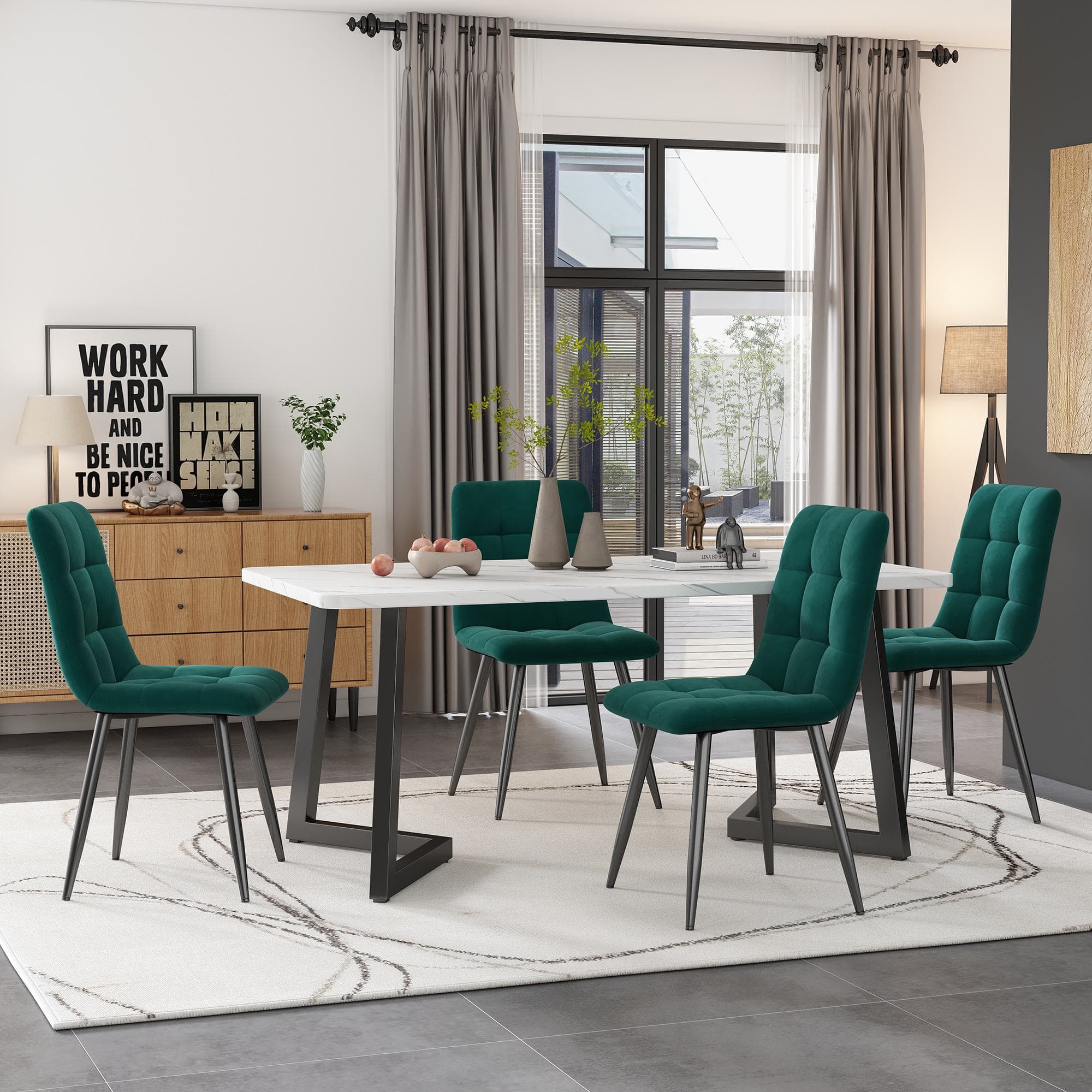 Table à manger avec effet marbre et pieds en métal, 117x68 cm, Polyvalente pour salle à manger et salon, Blanc+Noir