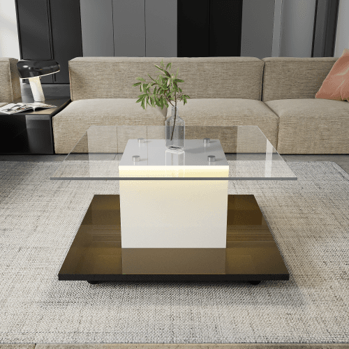 Table basse design moderne Table basse verre, Table de salon avec bande LED réglable et roulettes, 80×80×40 cm, Blanc+Noir Aosom France