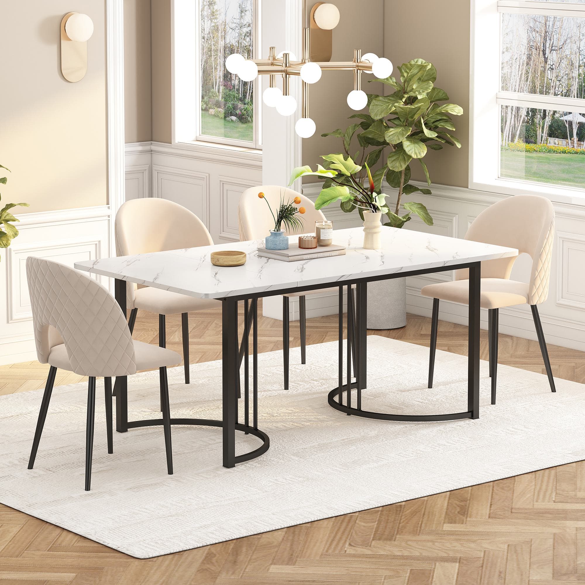 Table à manger moderne 140 x 80 cm, Table de cuisine, Table carrée avec motif marbre, structure en métal et pieds réglables, Blanc Aosom France