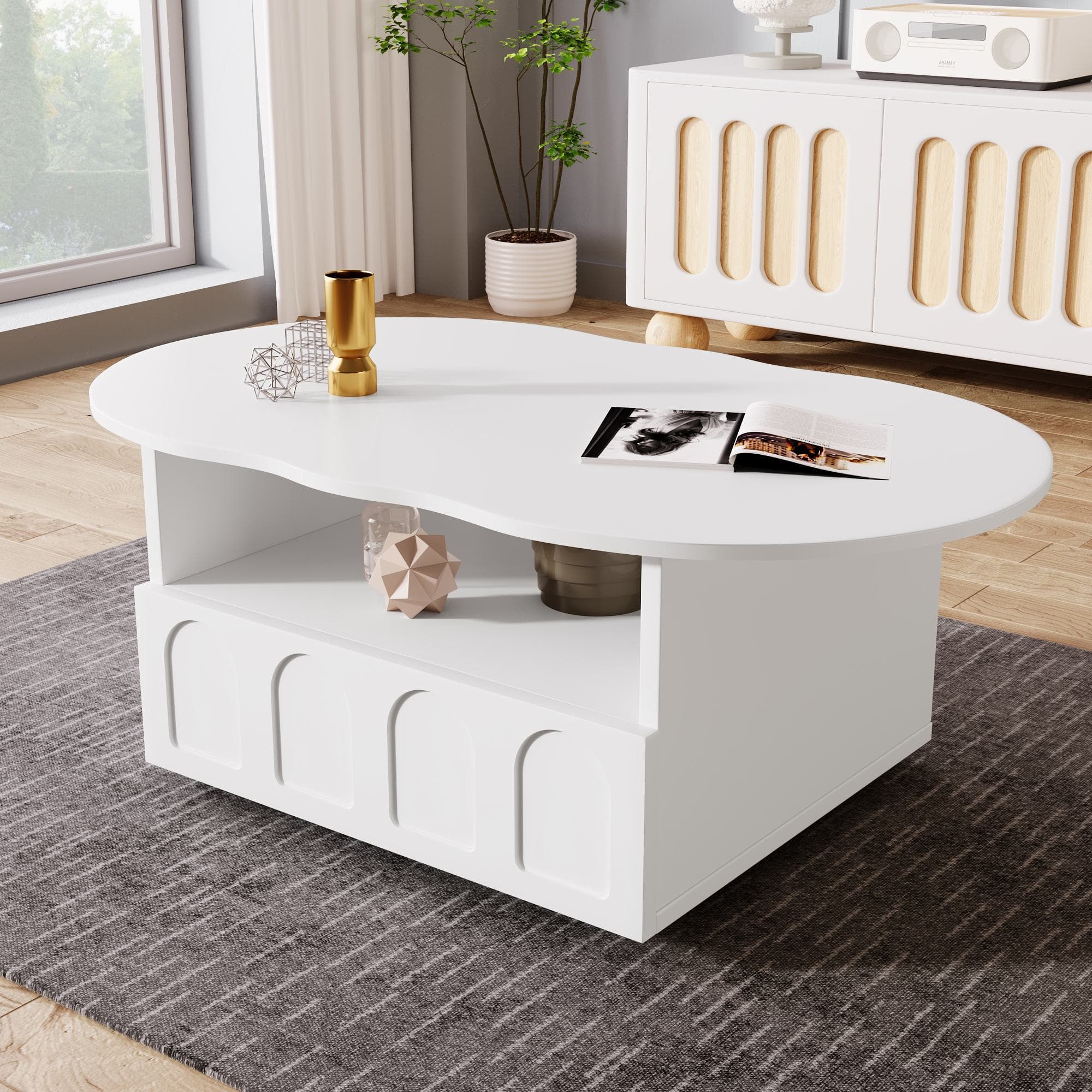 Table basse en forme de nuage avec tiroirs et compartiments de rangement, mécanisme Push-to-Open, Blanc