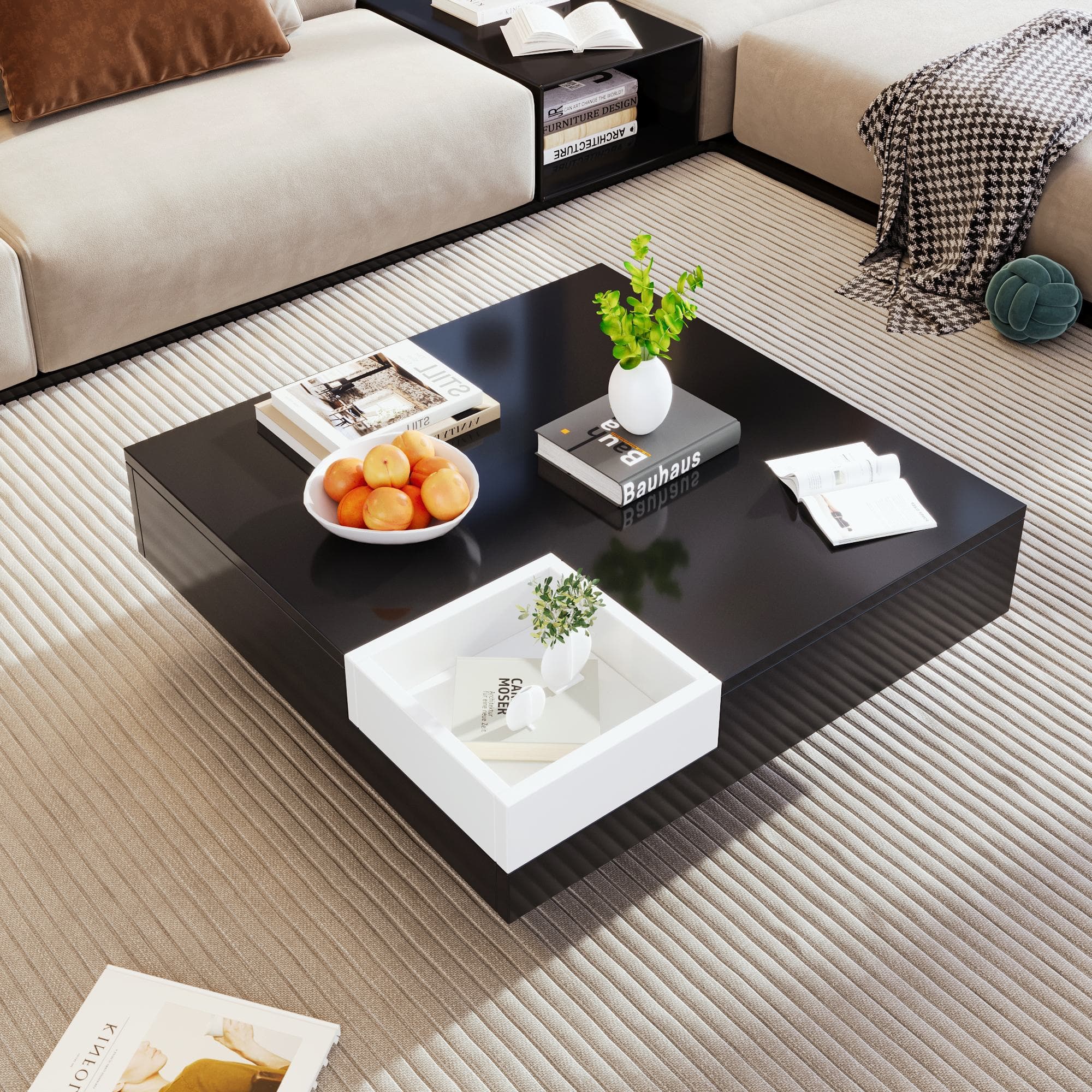 Table basse en haute brillance, table de salon avec boîte de rangement amovible et effet lumineux LED, 72×72×30 cm, Noir