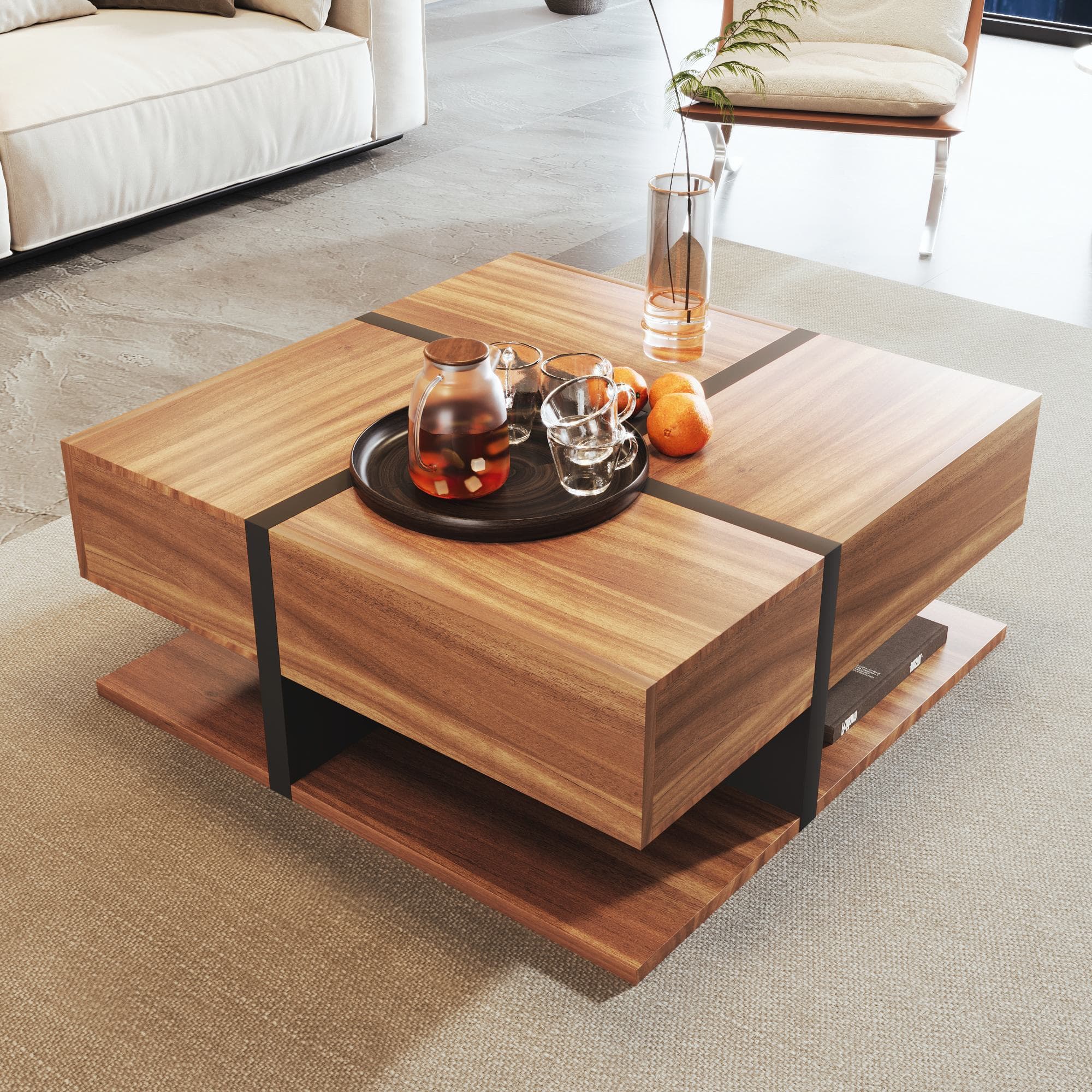 Table basse avec 4 tiroirs, design unique de couleurs et de lignes, espace de rangement inférieur, 78×78×36 cm, Naturel