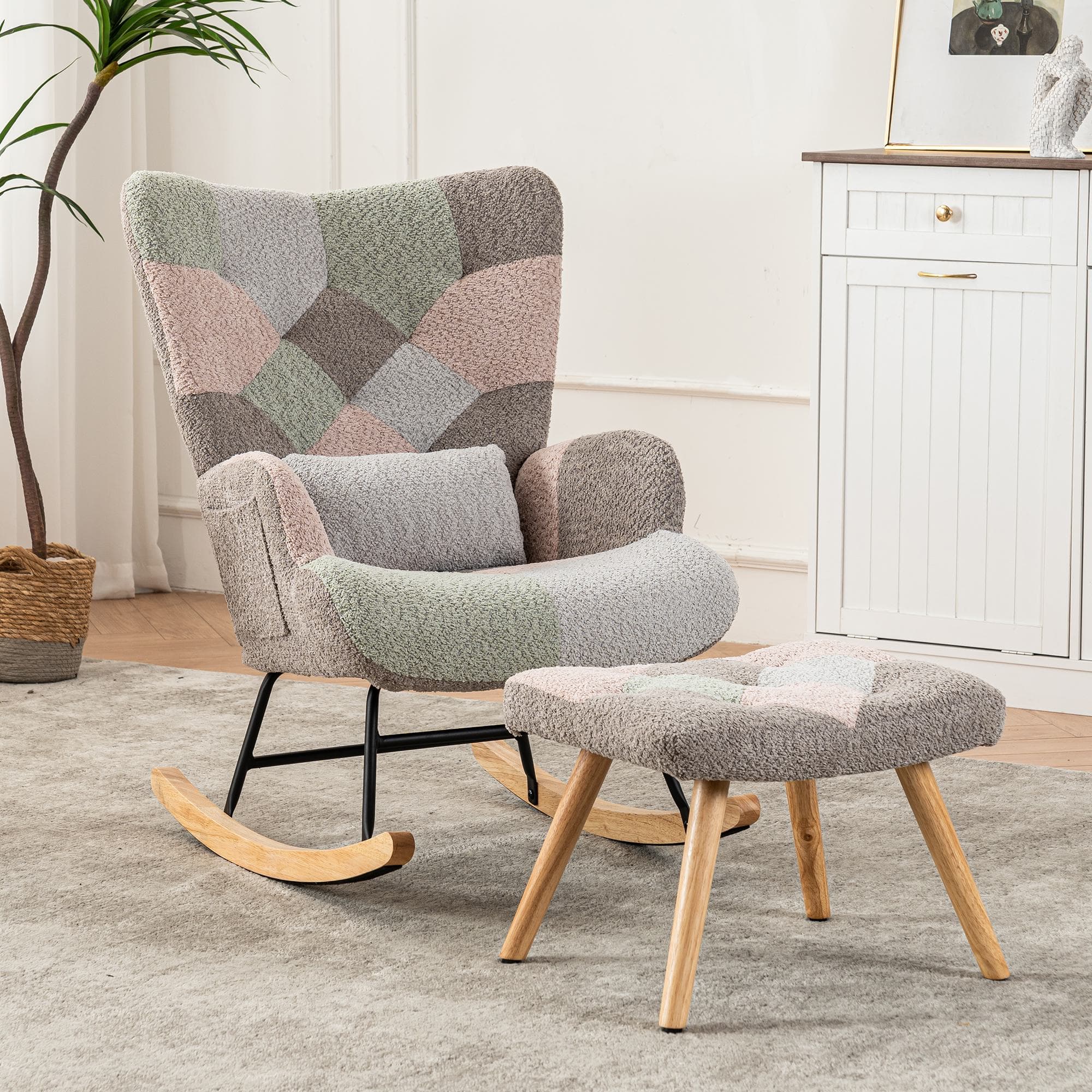 Fauteuil à bascule Chaise à bascule avec repose-pieds et coussin lombaire, cadre en bois d'hévéa, design ergonomique, 68x83x91 cm, Coloré