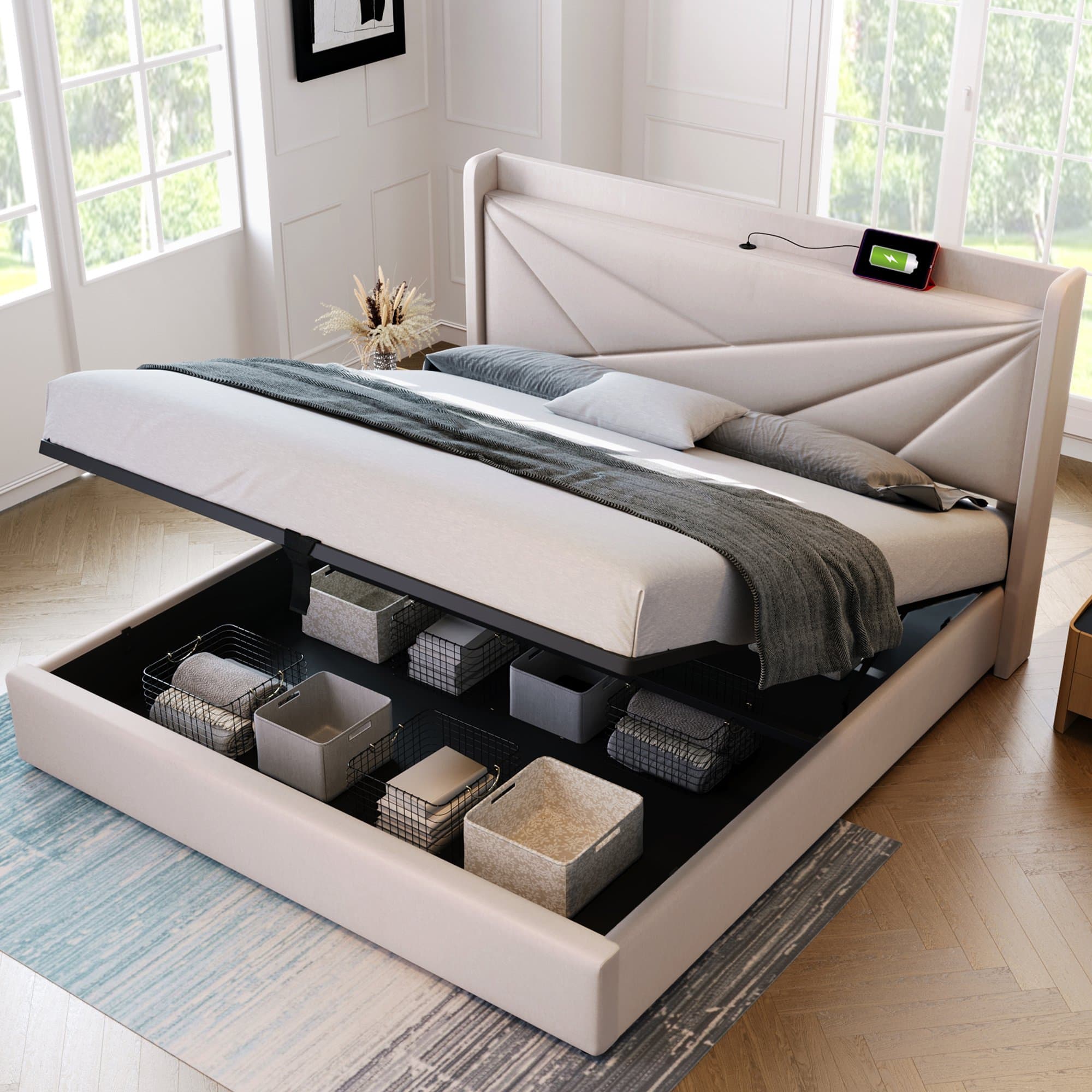 Lit Double, Lits 2 places avec Rangement et Fonction de Recharge USB Type C, Structure en Lin, Sans Matelas 140x200, Beige Aosom France