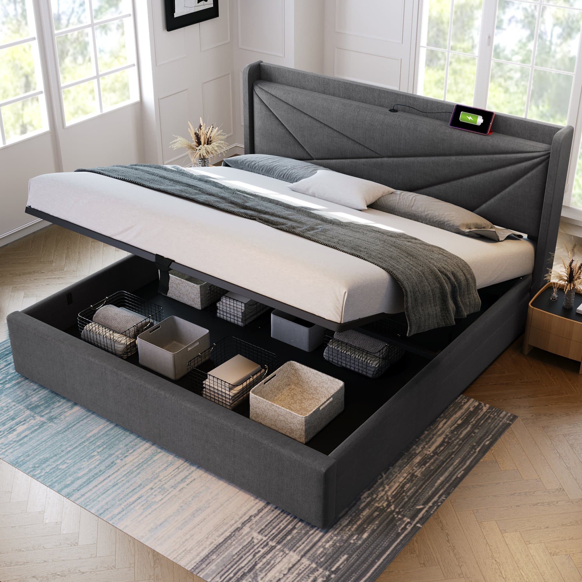 Lit Double, Lits 2 places avec Rangement et Fonction de Recharge USB Type C, Structure en Lin, Sans Matelas 140x200, Gris Aosom France