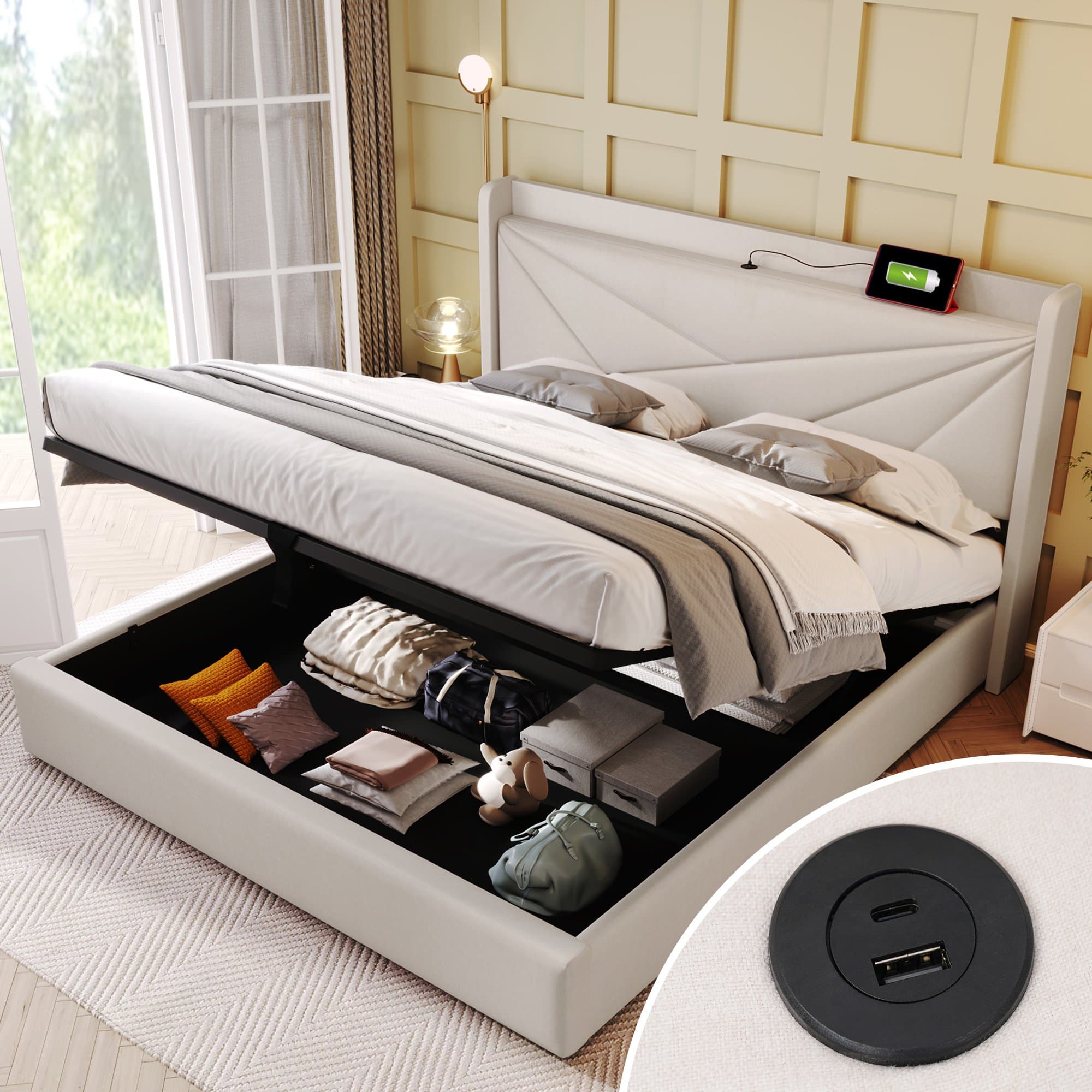 Lit Double avec Rangement, Fonction de Recharge USB Type C et Structure de Lit Double en Lin, Sans Matelas 160x200, Beige