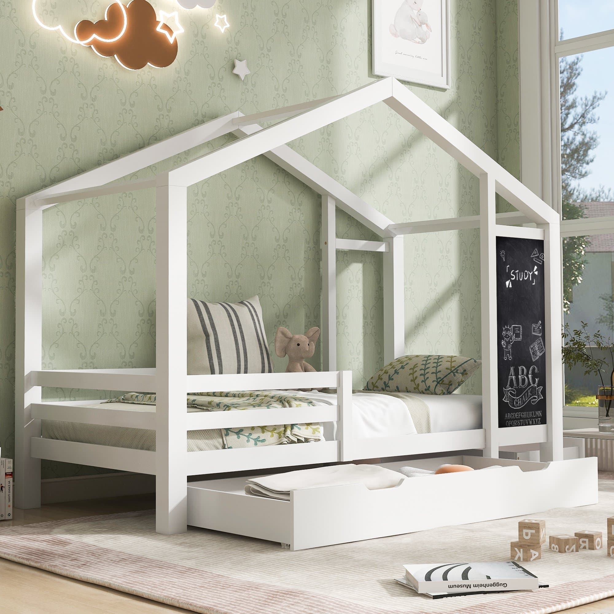 Lit simple Maison pour Enfants 90x200 cm, Lit simple bois avec Tableau, Barrière de Sécurité (Barrière de Lit Enfants) et 2 Tiroirs, Blanc