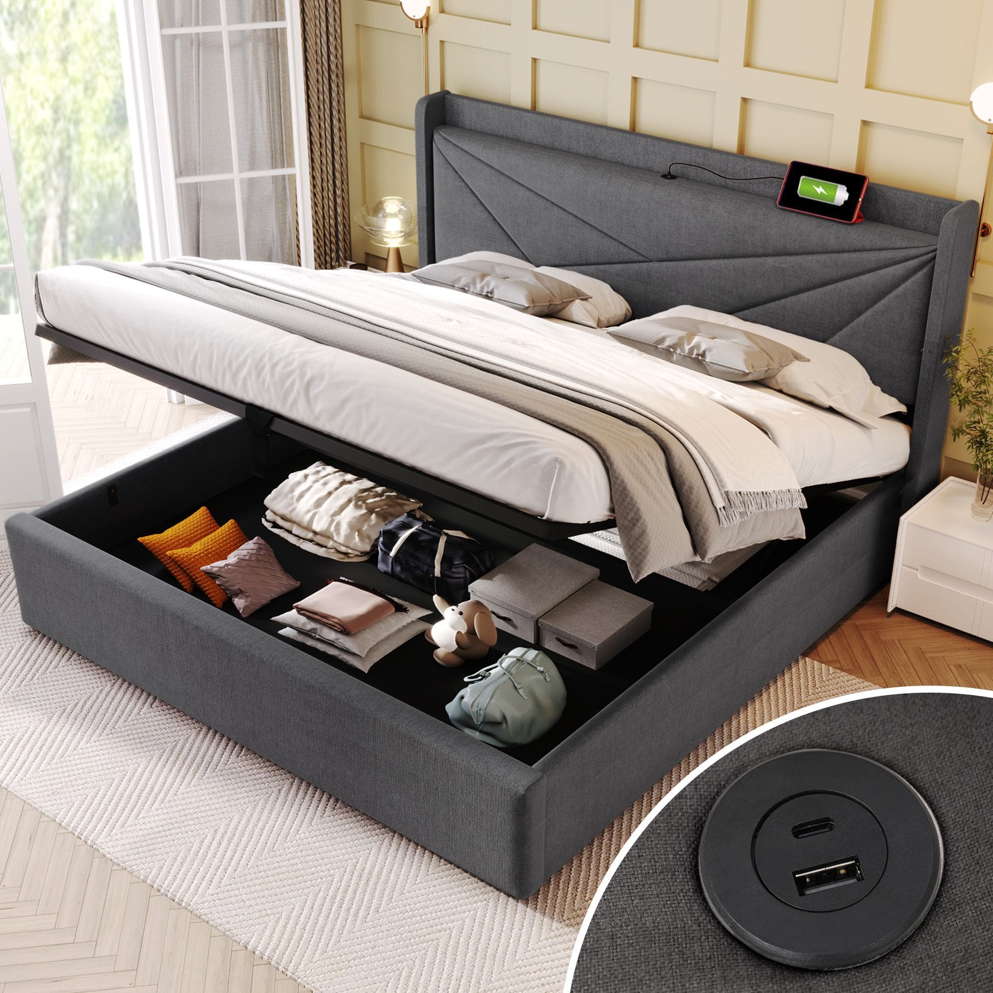 Lit Double avec Rangement et Fonction de Recharge USB Type C, Structure en Lin, Sans Matelas, 180x200 cm,Gris