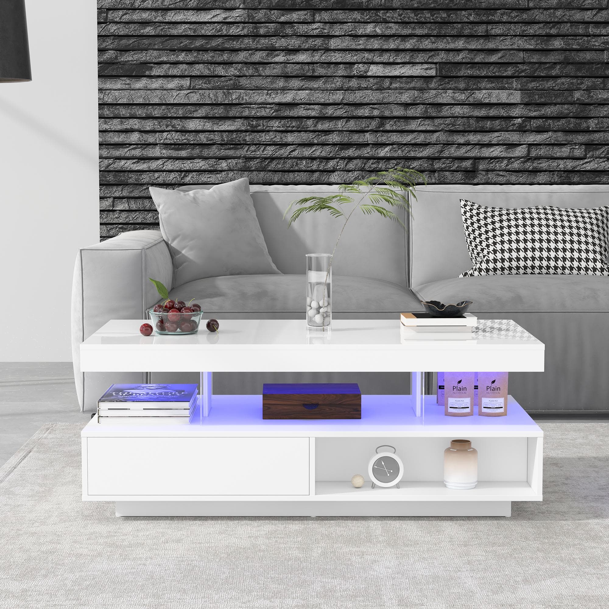 Table basse blanc Table de salon brillant Table basse verre avec 4 inserts en verre, 2 tiroirs et 2 compartiments ouverts, Blanc Aosom France