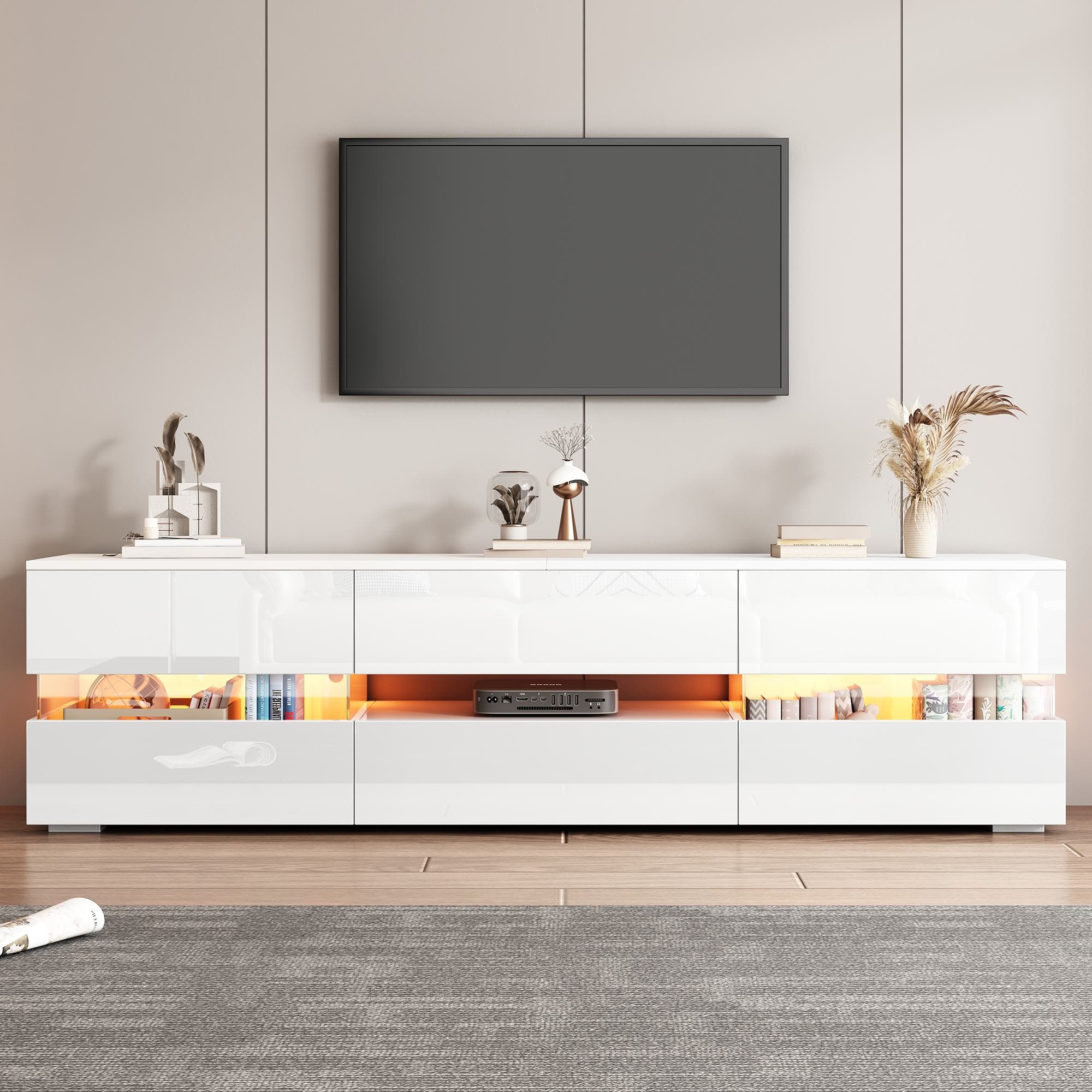 Meuble TV blanc moderne, Meuble tv design en laqué brillant avec éclairage LED, compartiment ouvert, insert en verre acrylique Aosom France