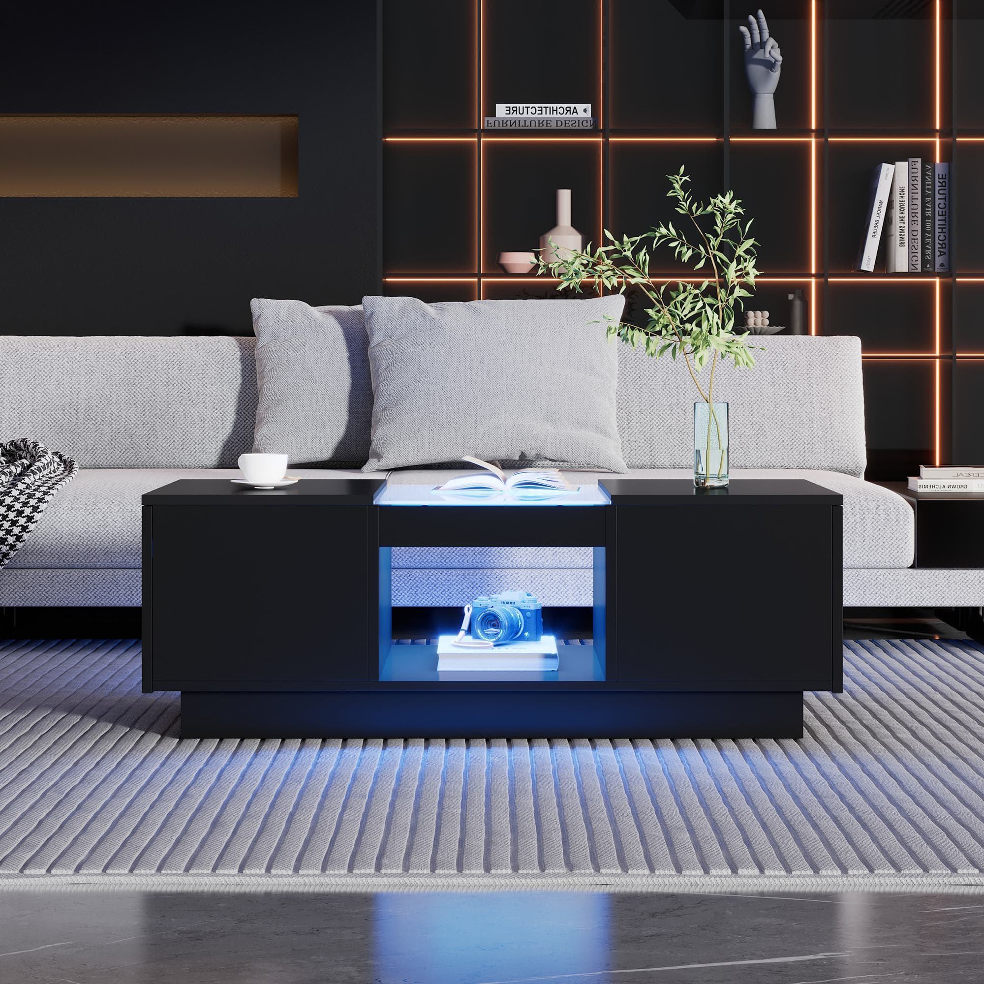 Table basse, Table de salon noire avec revêtement, Table carré, Table basse verre, éclairage LED, contrôle par application, Noir Aosom France