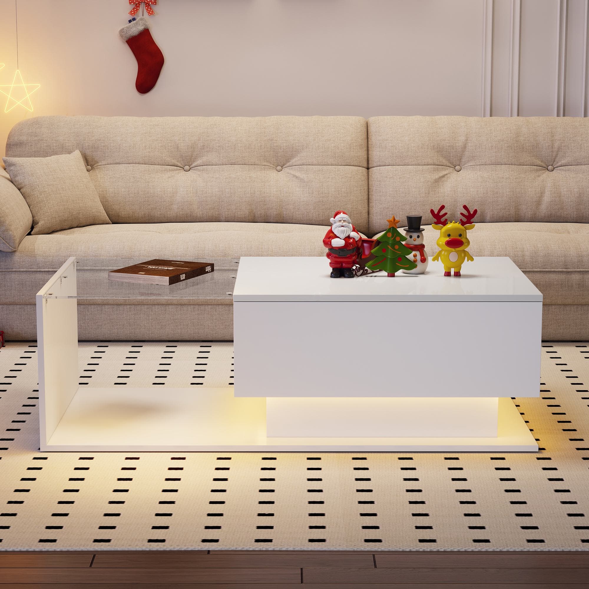 Table basse en finition brillante avec plateau en verre et éclairage LED, style moderne, Blanc