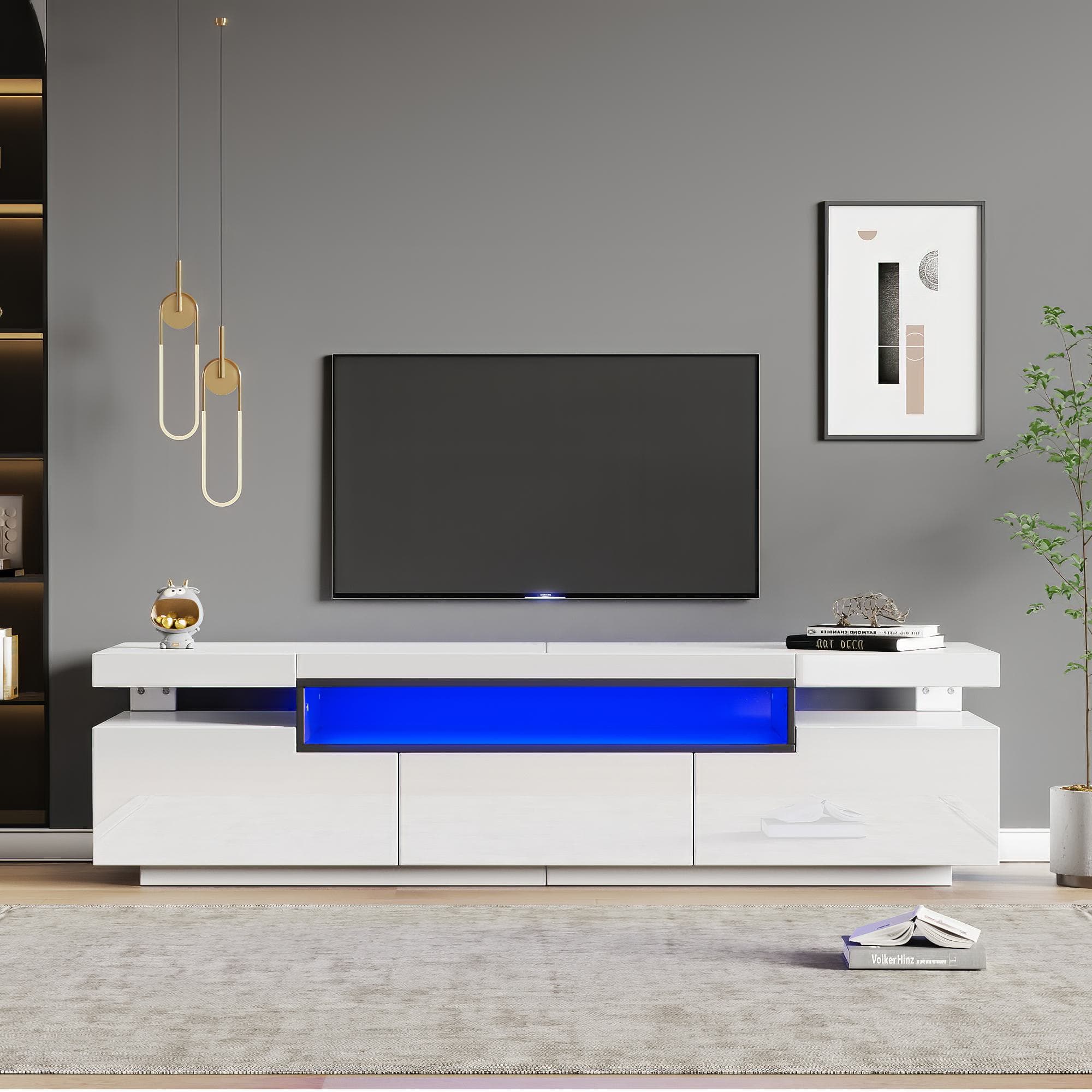 Élégant meuble TV en laqué brillant avec éclairage LED 16 couleurs,Blanc