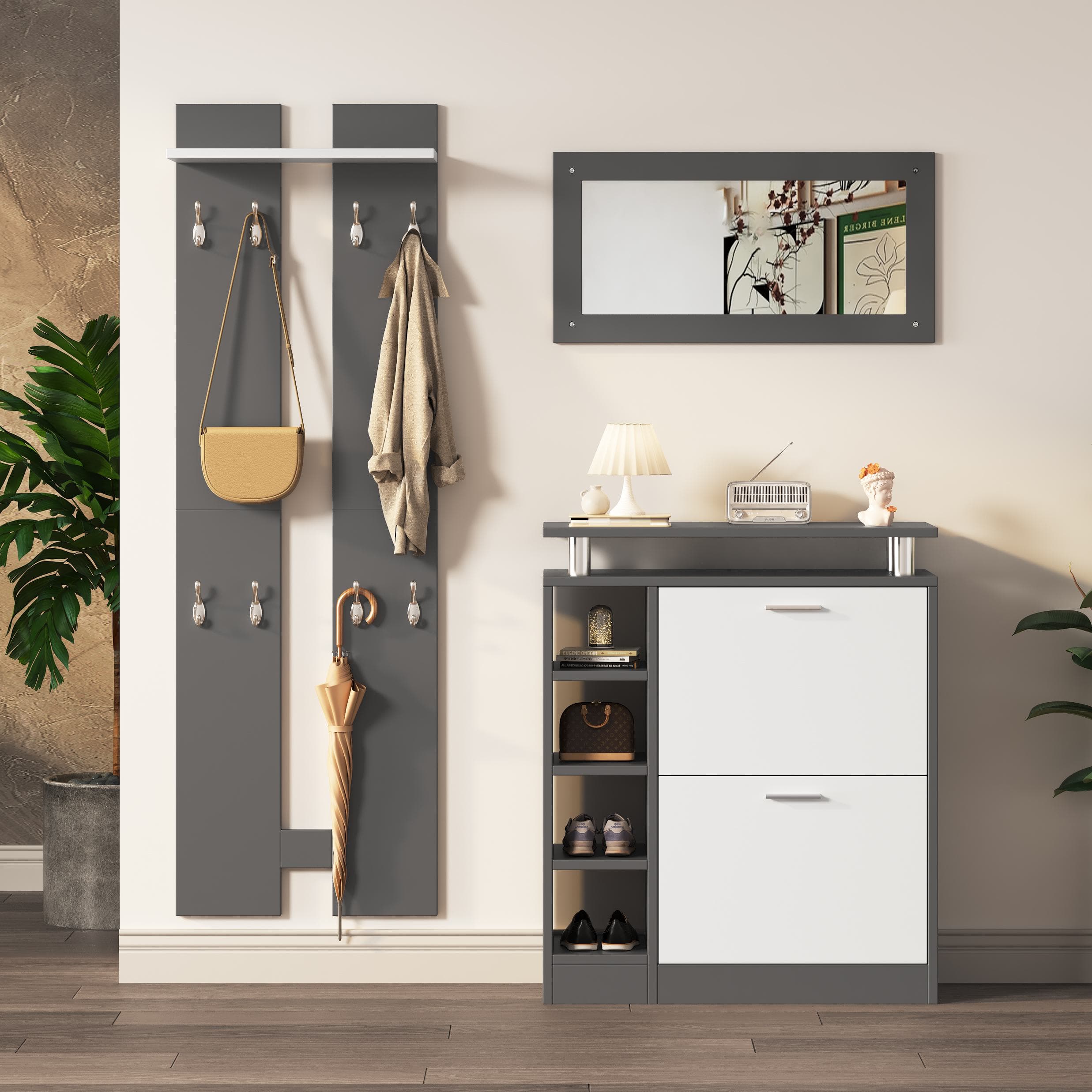 Porte-manteaux mural Porte vetement avec miroir, panneaux muraux, étagère murale et meuble à chaussures, Gris+Blanc Aosom France