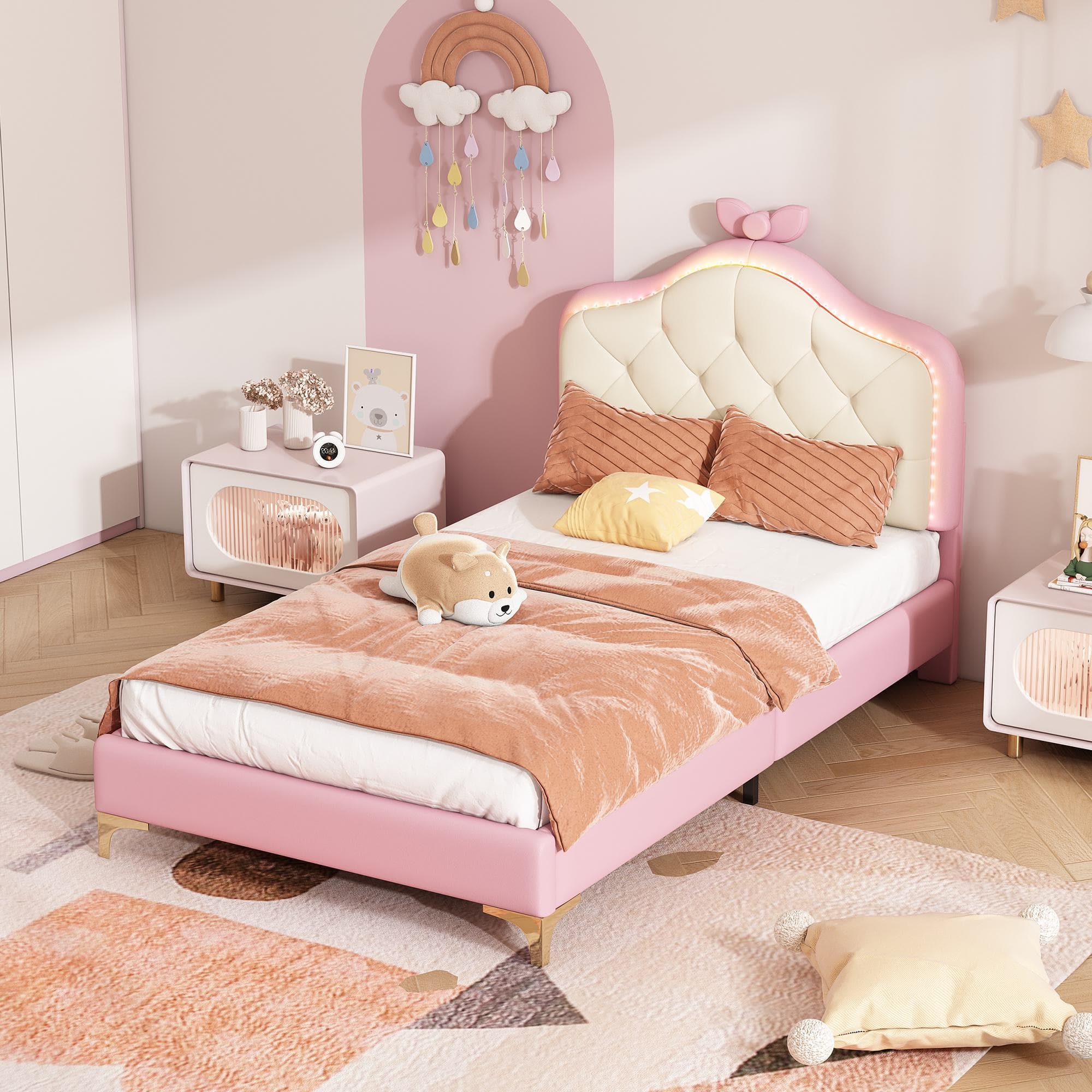 Lit rembourré, Lit simple 90×200 cm avec bande LED et nœud rose, sans matelas, Blanc+Rose Aosom France