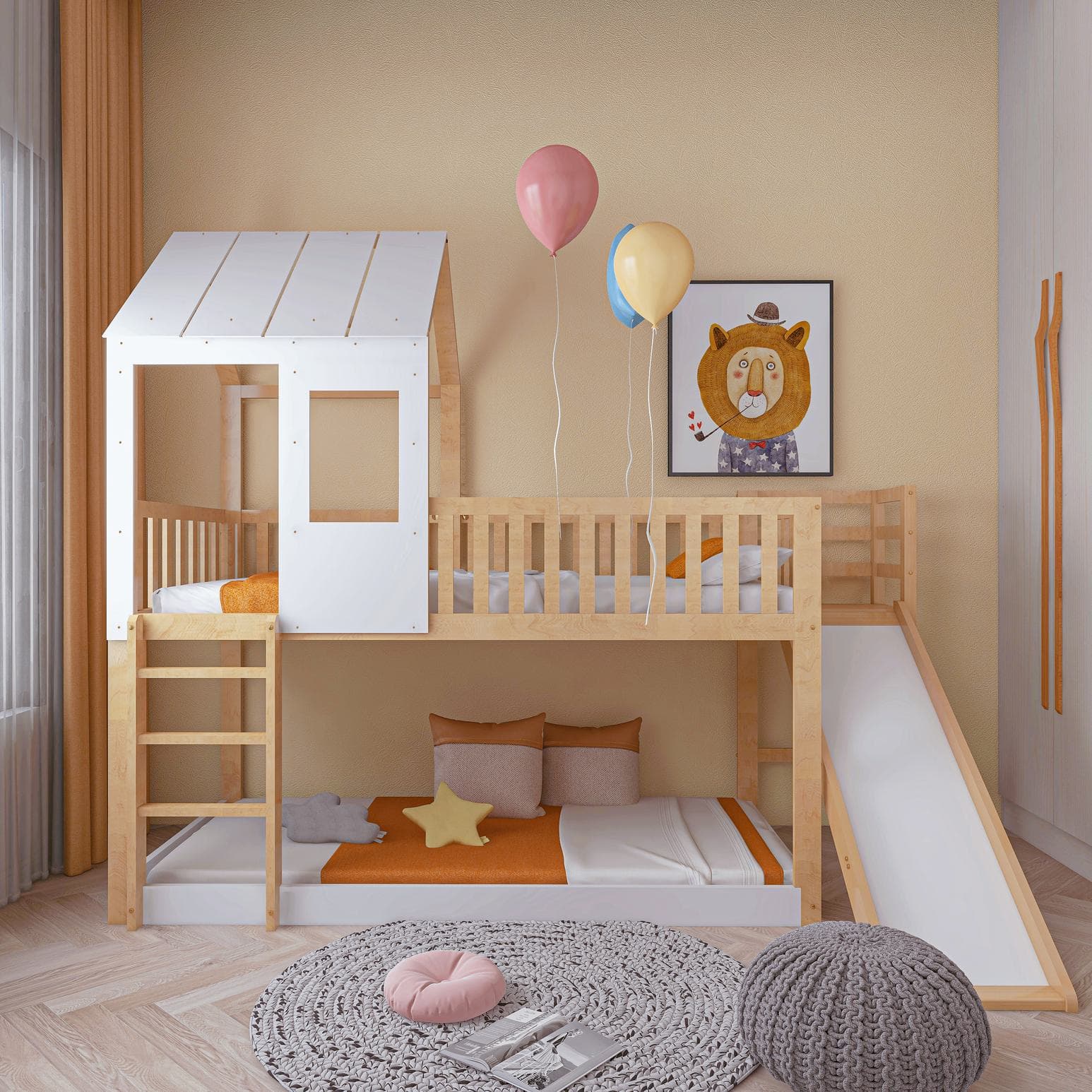 Lit superposé bois Lit simple avec échelle perpendiculaire et toboggan, toit et fenêtre, sans matelas, 200x90 cm, naturel Aosom France