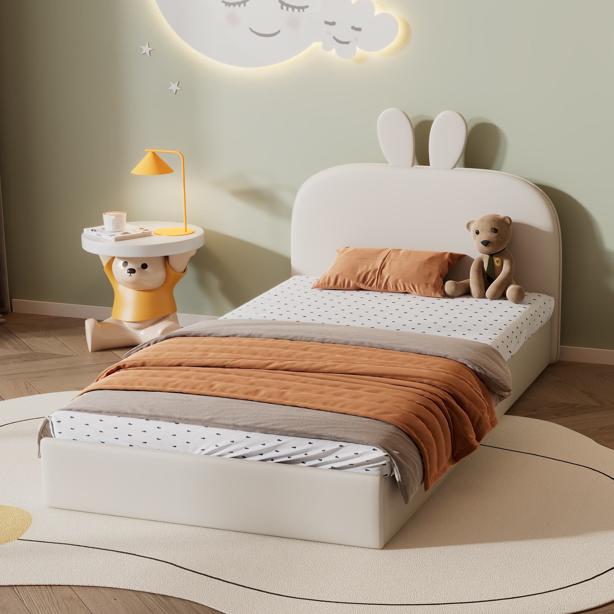Lit rembourré, Lit simple 90×200 cm avec tête de lit en forme de lapin, lit pour enfant avec lattes en bois, sans matelas, Beige Aosom France