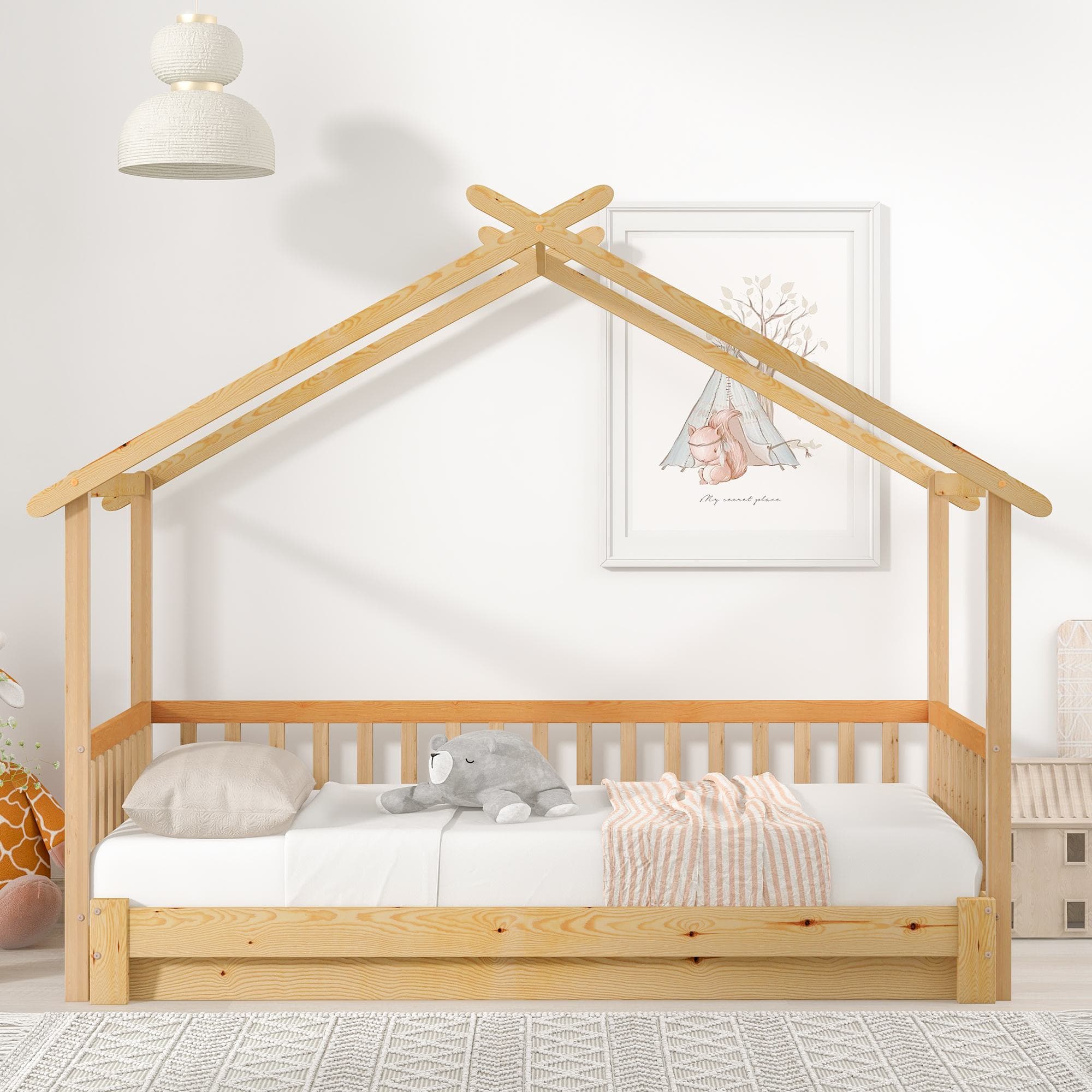 Lit cabane extensible, Lit en cabane avec garde-corps sur trois côtés, sans matelas, 200x90 cm, naturel Aosom France