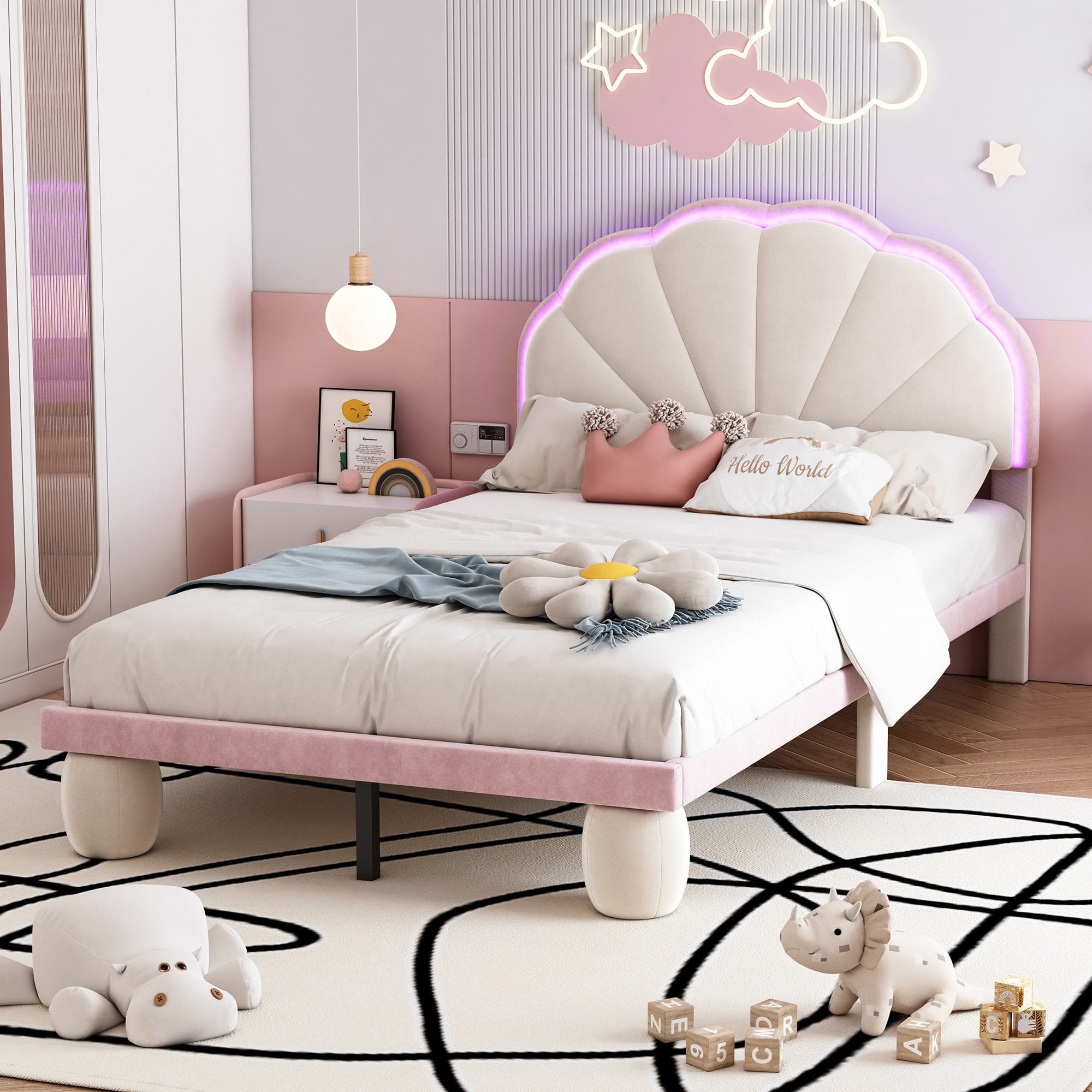 Lit simple rembourré, Lit simple 90×200 cm avec bande lumineuse LED et tête de lit ondulée, pieds rembourrés, sans matelas, Blanc+Rose Aosom France