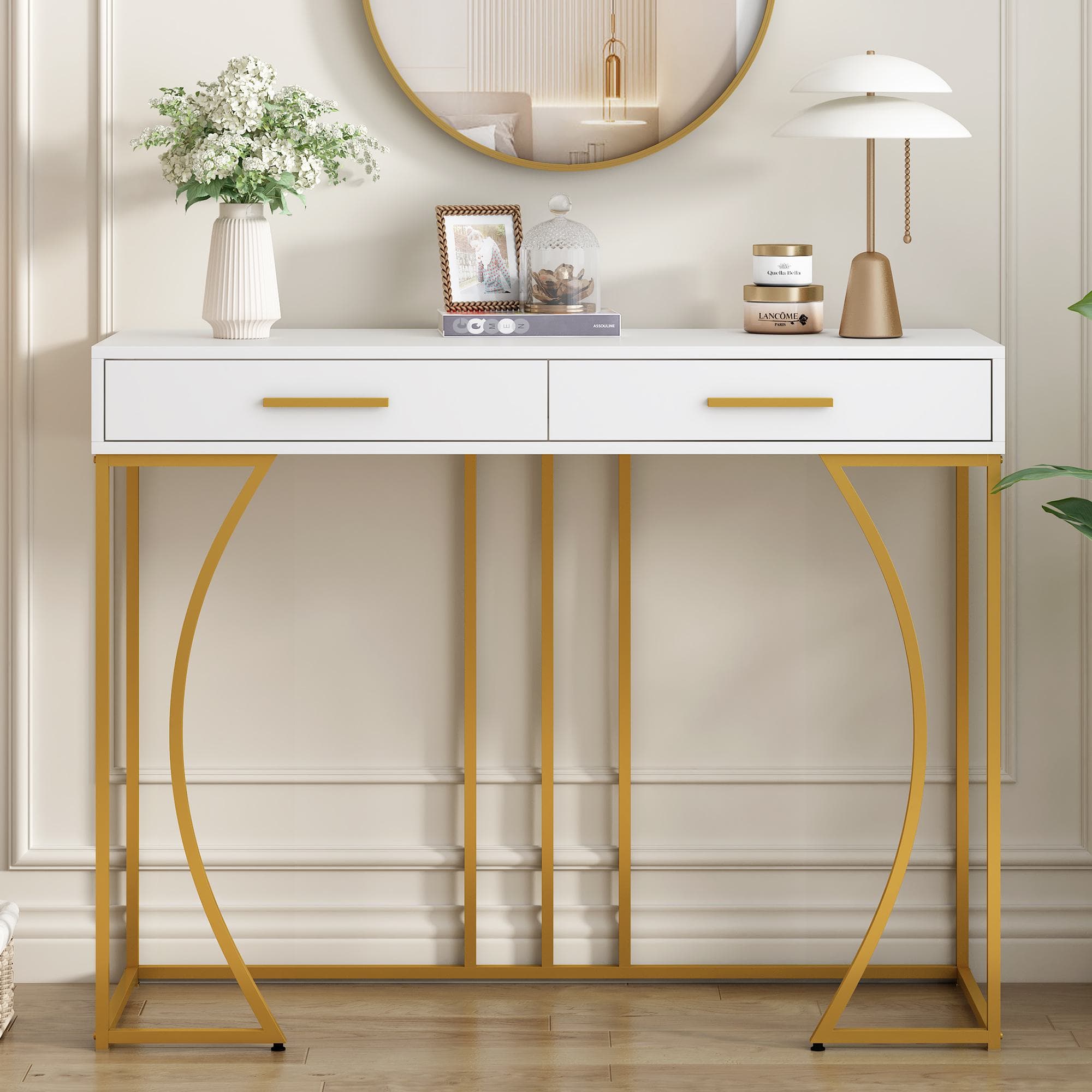 Console avec 2 tiroirs, style luxe léger, plateau en MDF, Blanc