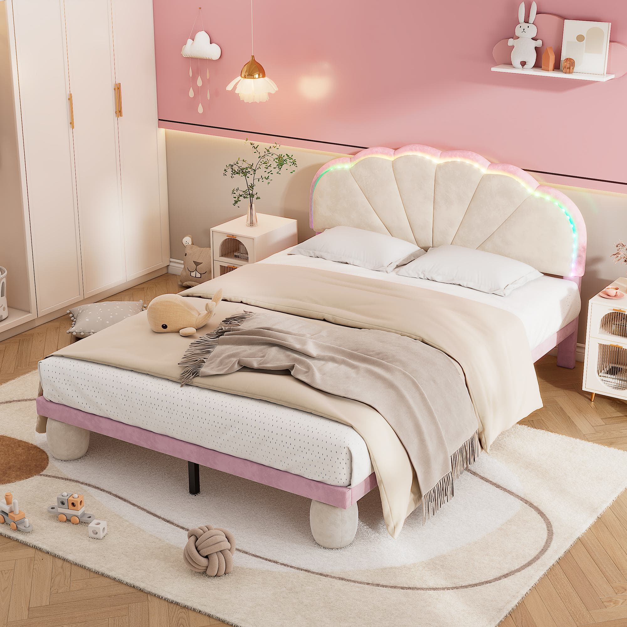 Lit rembourré, Lit double, Lit 2 places avec bandes lumineuses multicolores et tête de lit ondulée, sans matelas, 140×200cm, Blanc+Rose Aosom France