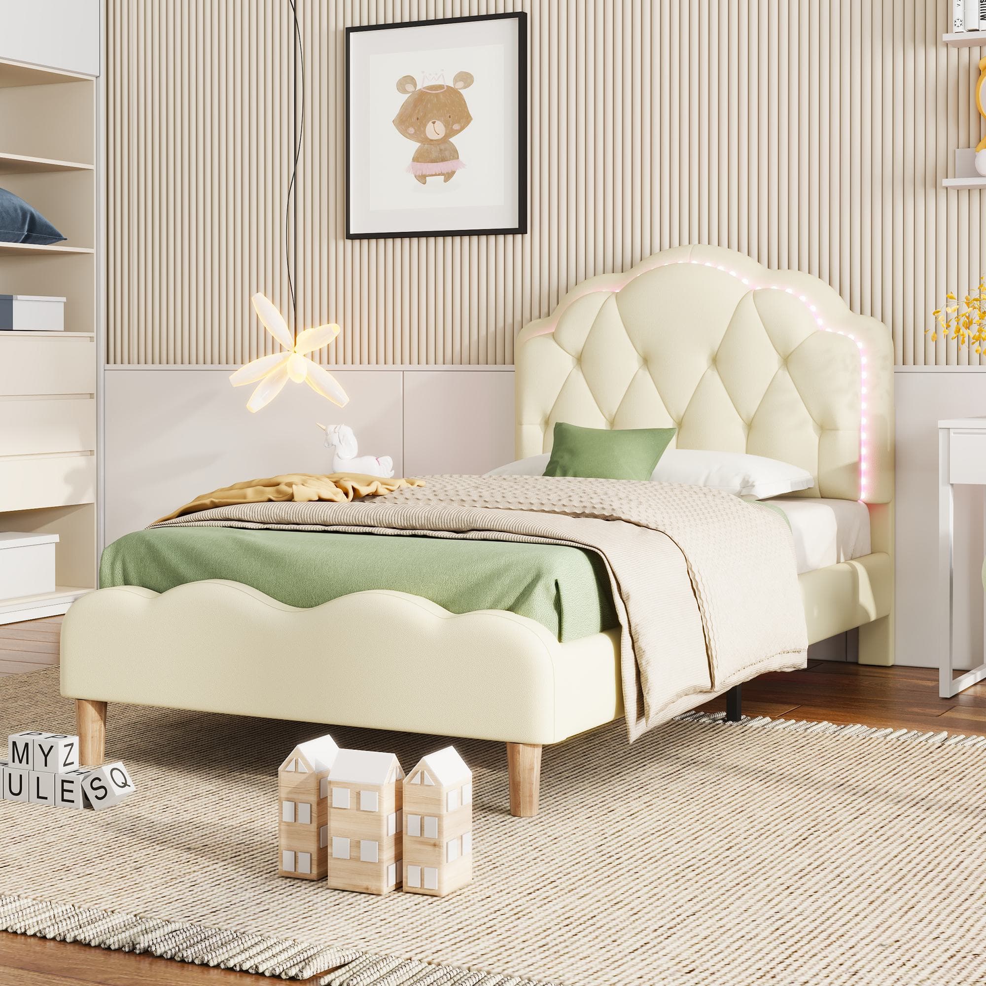 Lit rembourré, Lit simple 90×200 cm avec tête de lit ondulée et bande LED, lit pour enfants avec lattes en bois, sans matelas, Blanc Aosom France