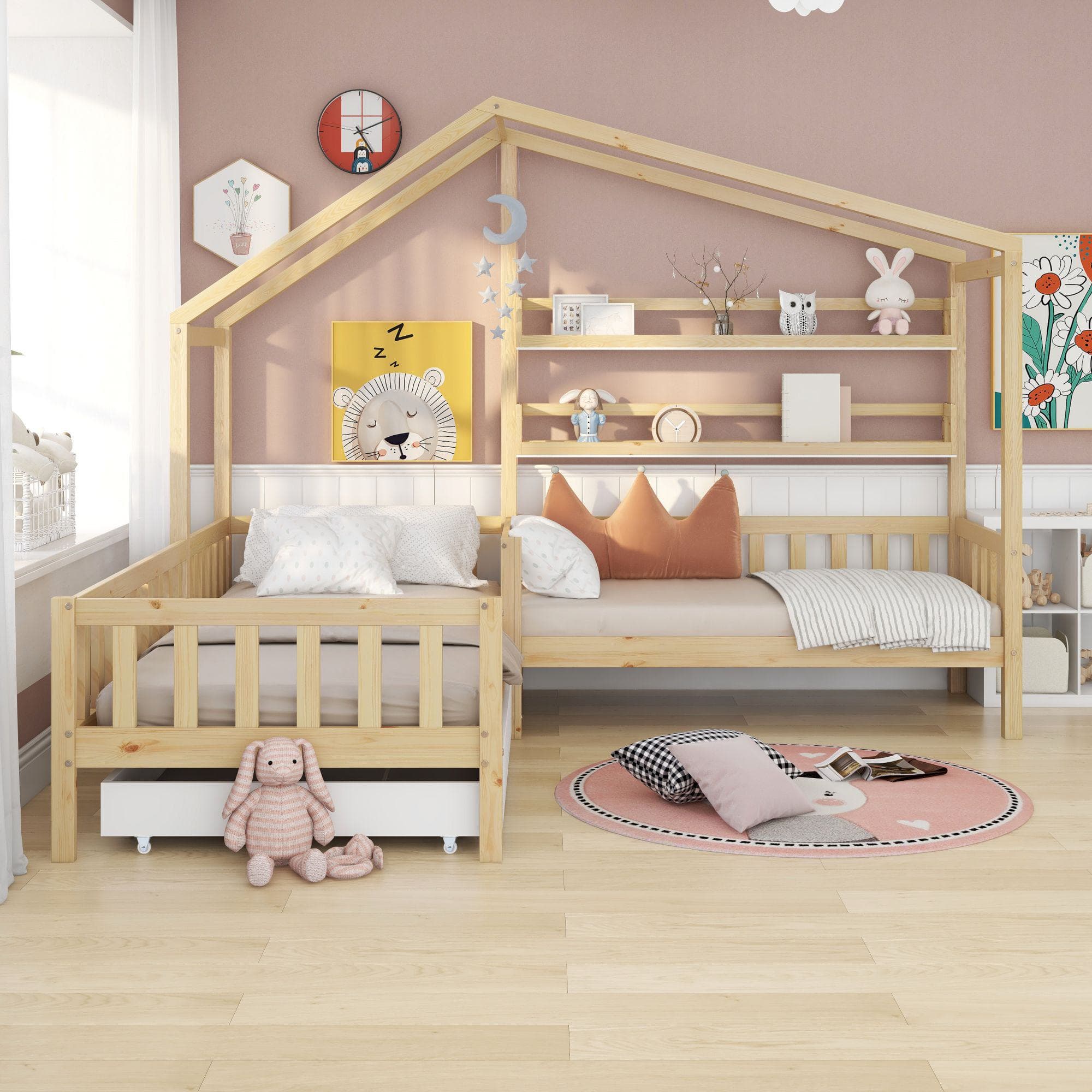 Lit enfant en forme de maison avec tiroirs et étagères, sans matelas, 90x200 cm+140x70 cm, naturelle