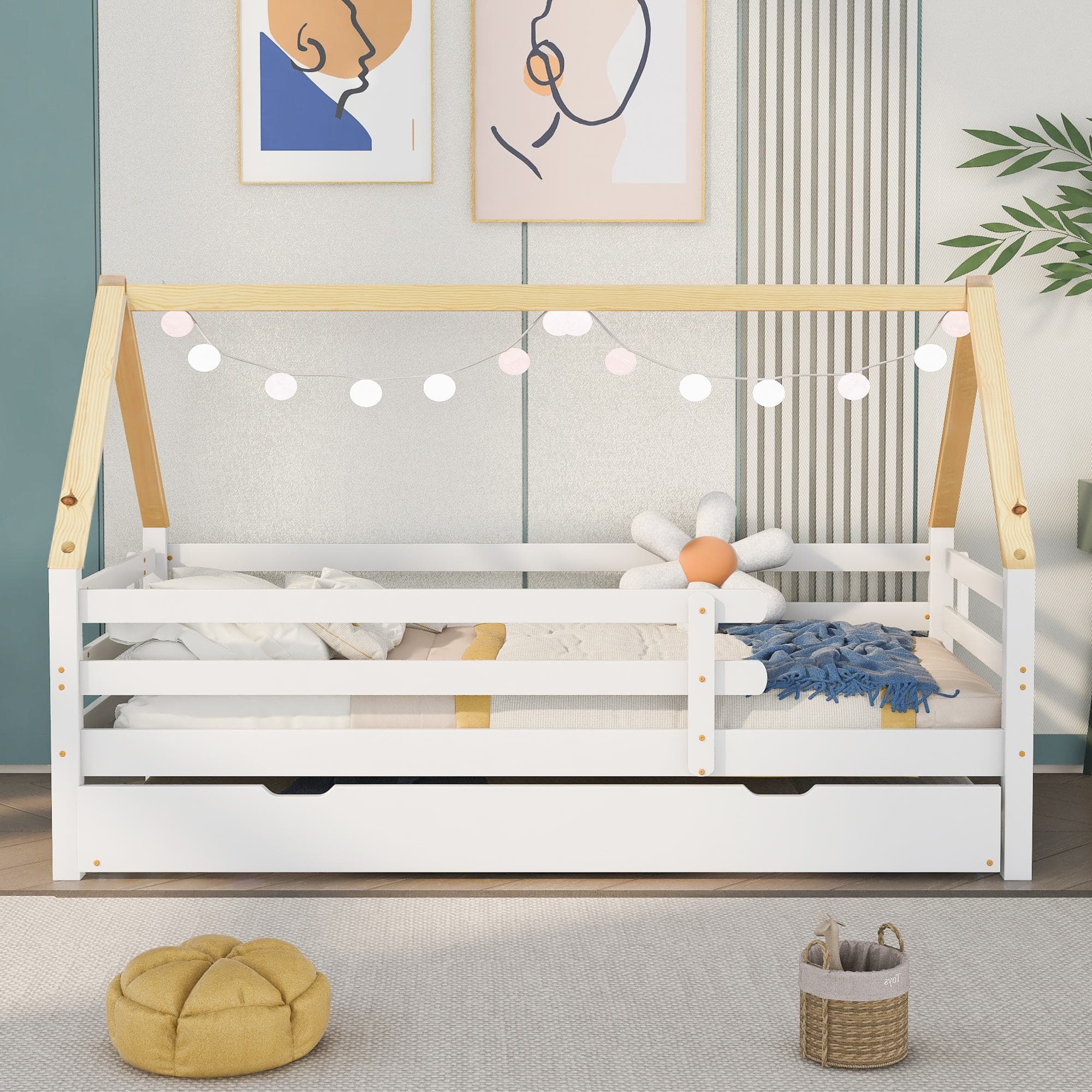 Lit cabane Lit en cabane avec lit gigogne et roulettes, Lit cabane 90x190 sans matelas, 90x200 & 90x190 cm, Blanc Aosom France