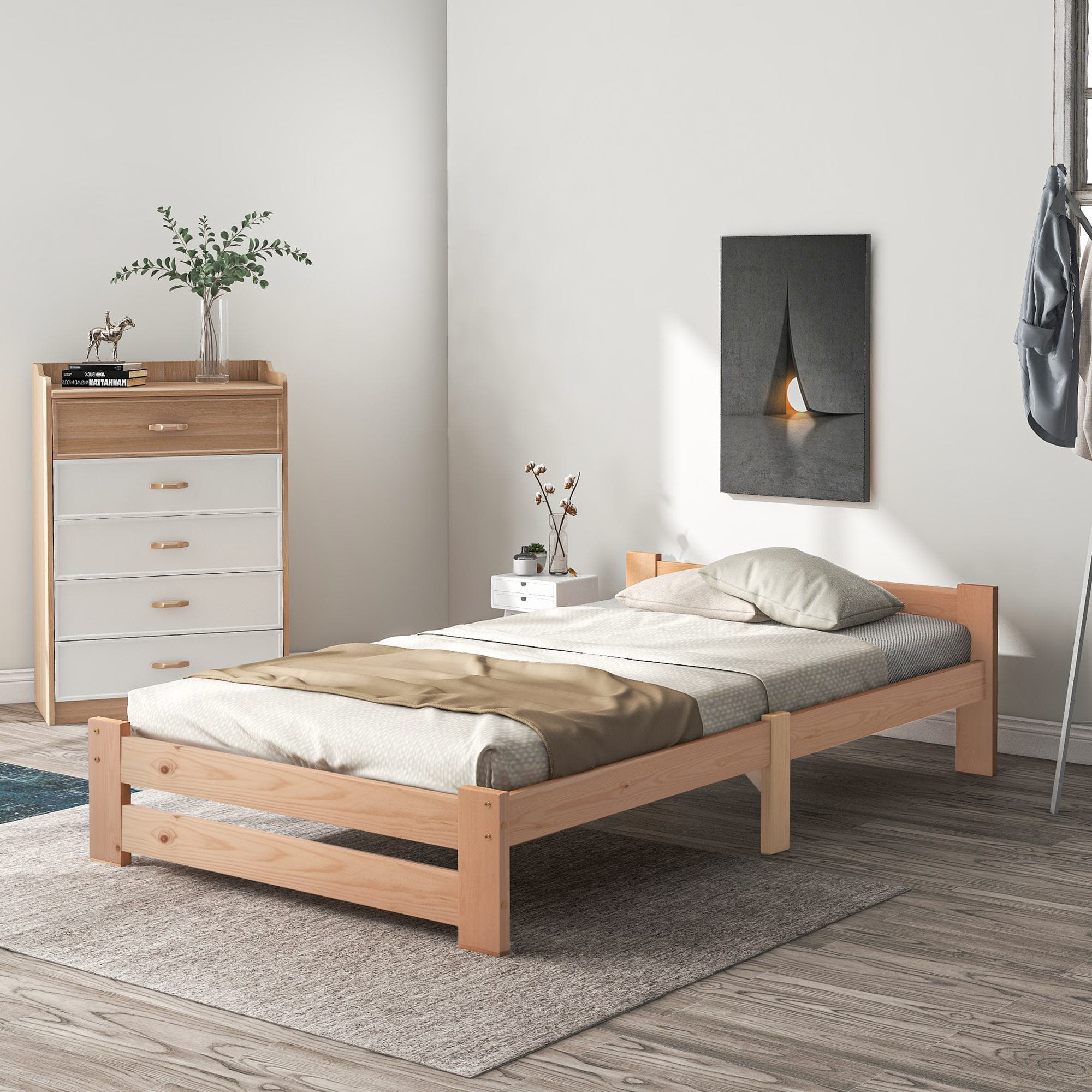 Lit en bois, Lit bois massif avec tête de lit et sommier à lattes, sans matelas, 200x90 cm, Naturelle Aosom France