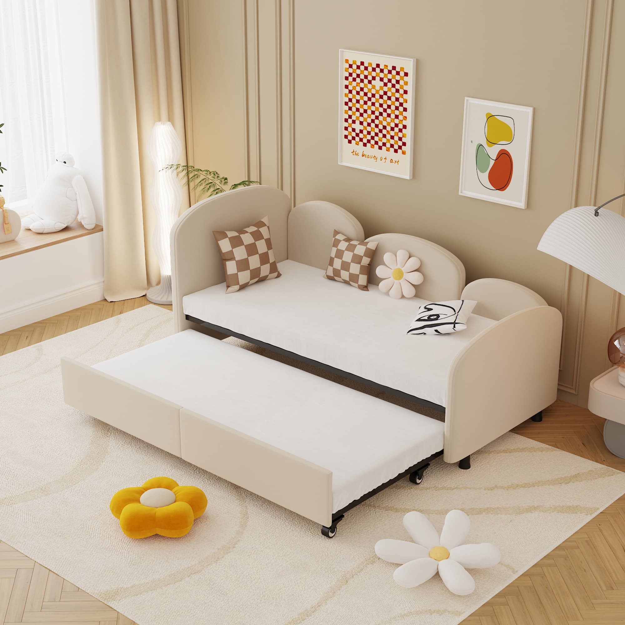Lit de jour avec tiroirs, pour chambre d'enfant et salon, 90x200 cm, Beige