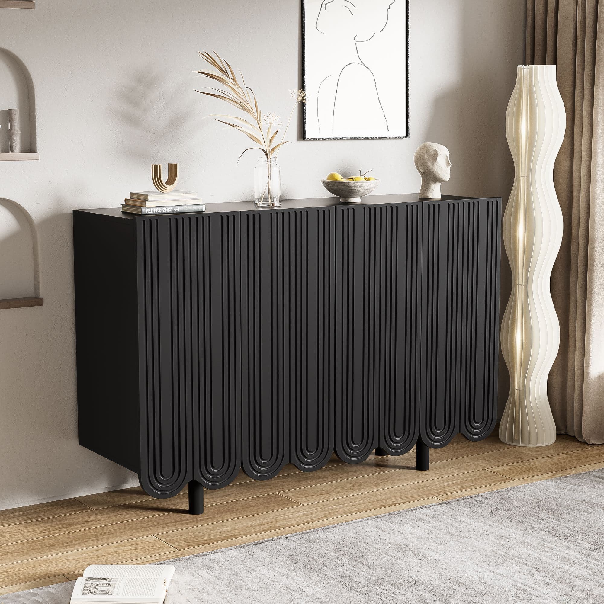 Buffet moderne, Crédenceen forme de larme, avec portes profilées, 120×37,5×80,8 cm, Noir Aosom France