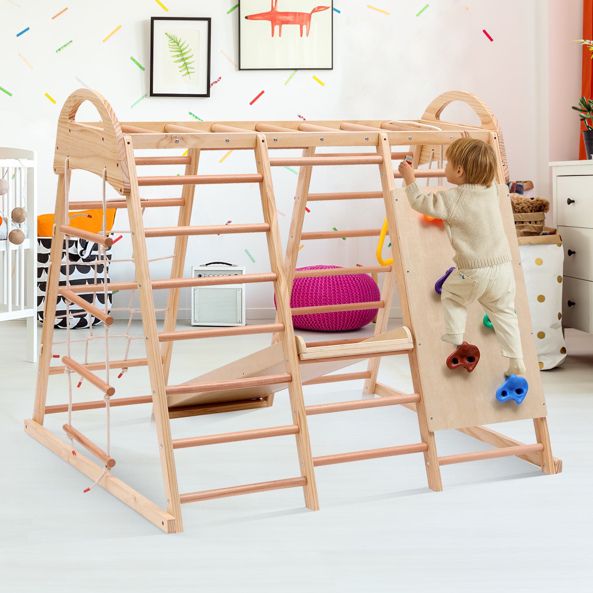 Cadre d'escalade multifonctionnel 7 en 1, échelle de corde, toboggan, filet, prises d'escalade, anneaux, maison-tente, 134×120×120 cm, Naturel