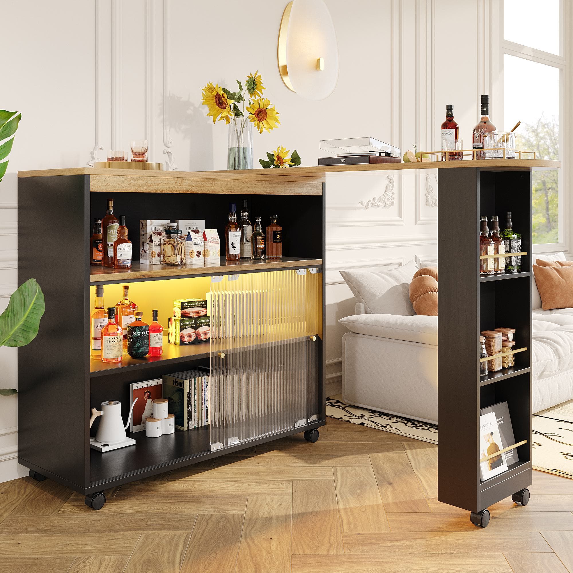 Table de bar extensible avec rangement, avec LED, Table haute cuisine bistrot îlot de cuisine, 138-204×39×105 cm, Noir Aosom France