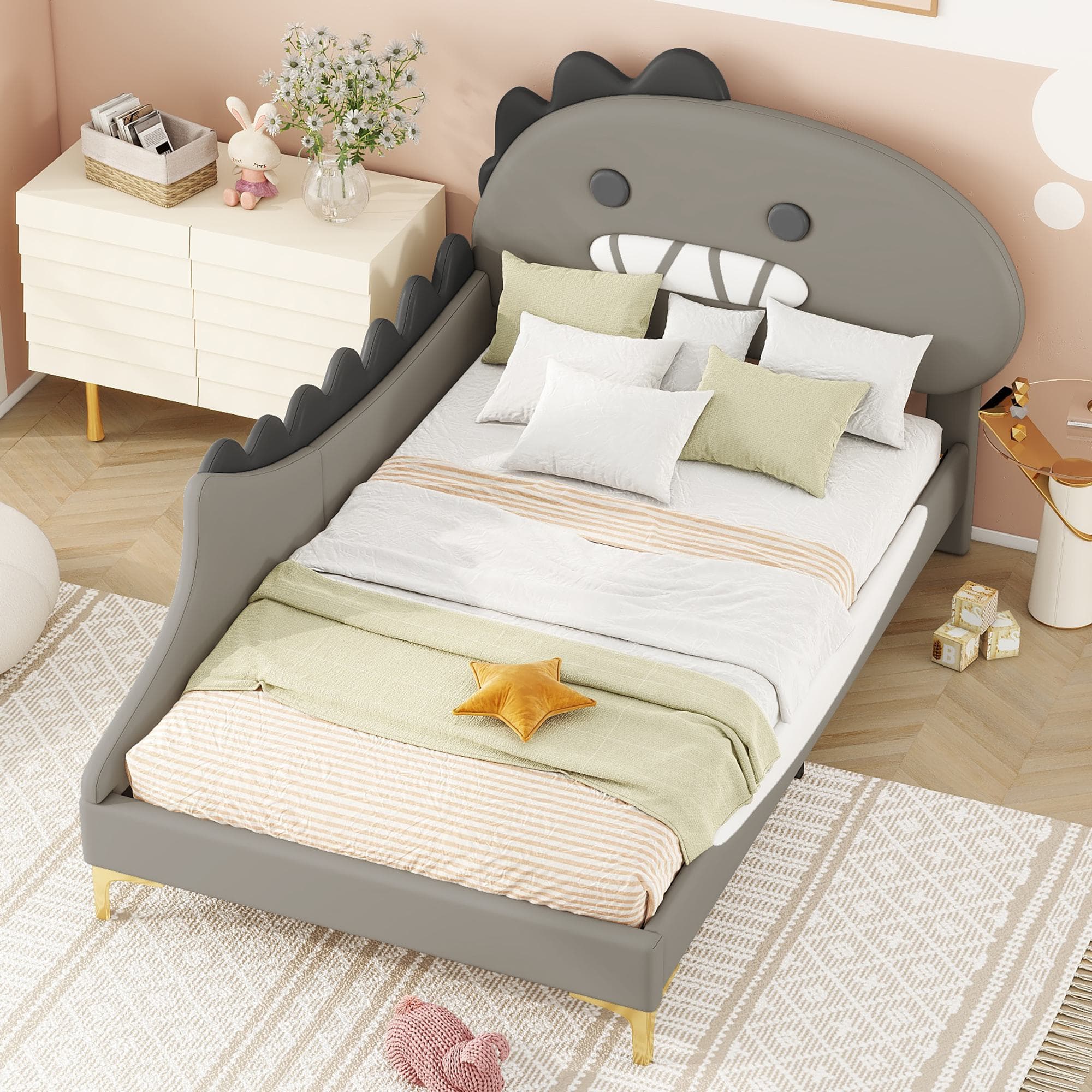 Lit pour enfant 90×200 cm, Forme de dinosaure cartoon,sans matelas, Gris Aosom France