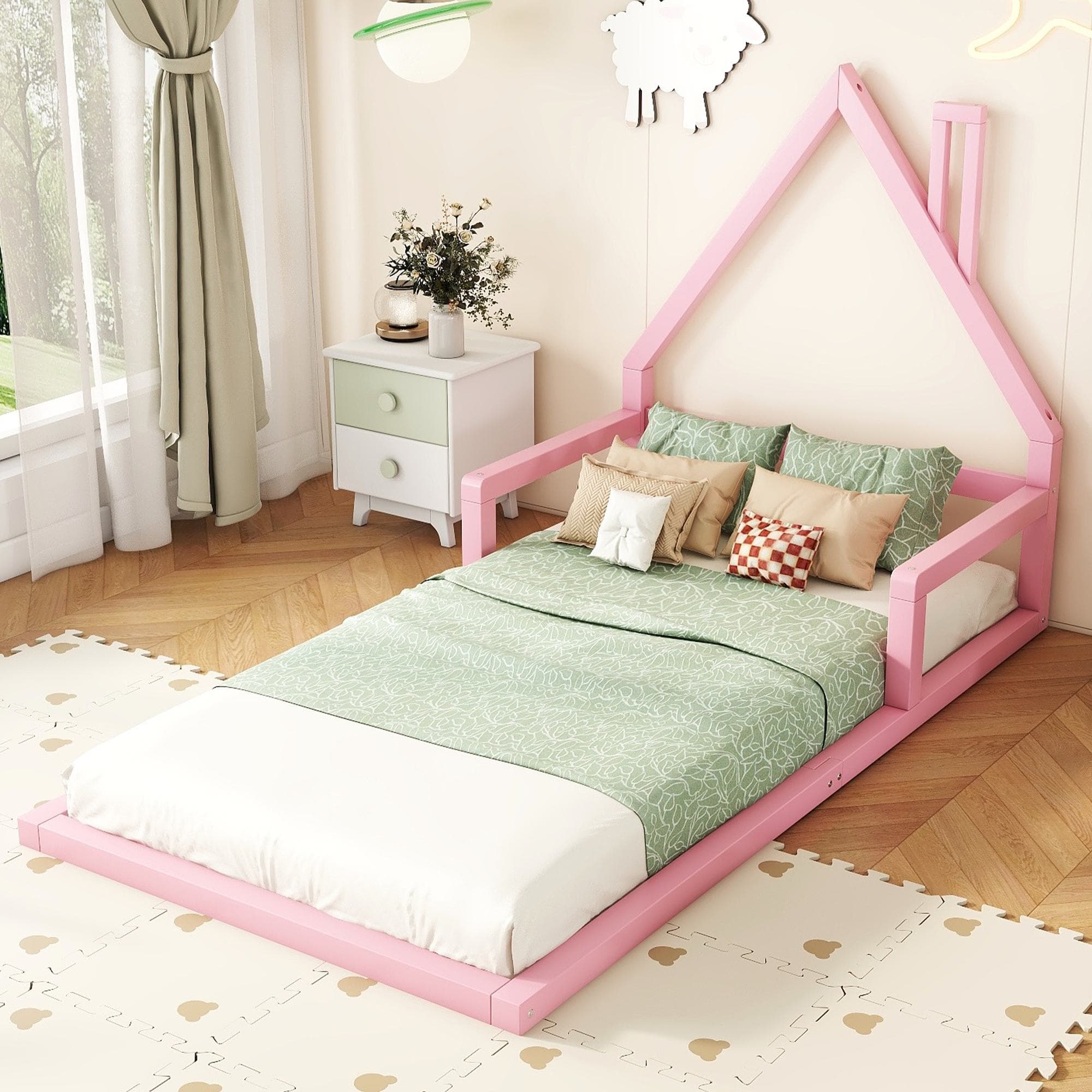 Lits d'enfant, Lit simple en forme de maison 90x200cm, Lit simple bois sans matelas, Rose Aosom France