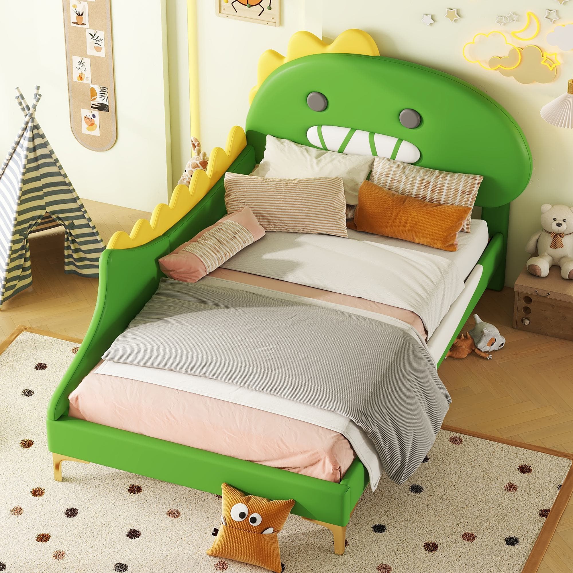 Lit pour enfant 90×200 cm, Forme de dinosaure cartoon, sans matelas, Vert Aosom France