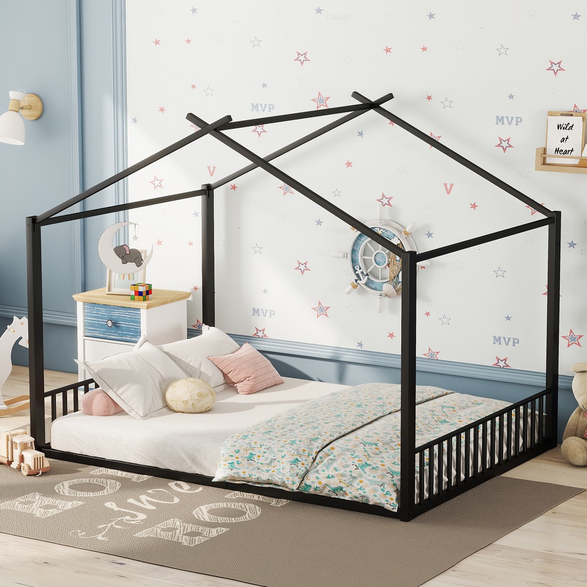 Lit double, Lit 2 places pour enfant 140×200 cm, lit en fer en forme de maison, sans matelas, Noir Aosom France