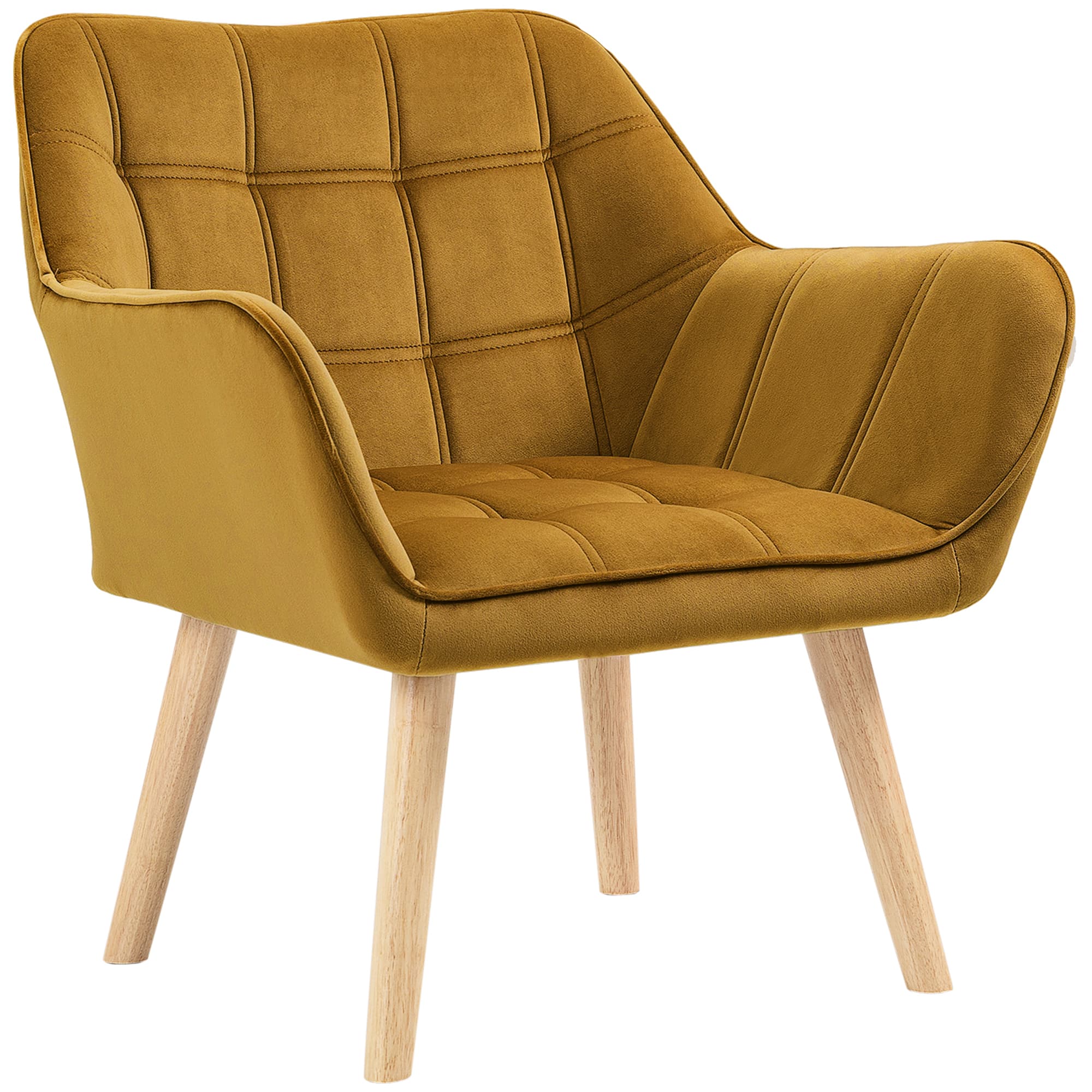 HOMCOM Fauteuil rembourré, fauteuil d'appoint, design scandinave, aspect velours, jusqu'à 120 kg, pieds en bois de caoutchouc, jaune