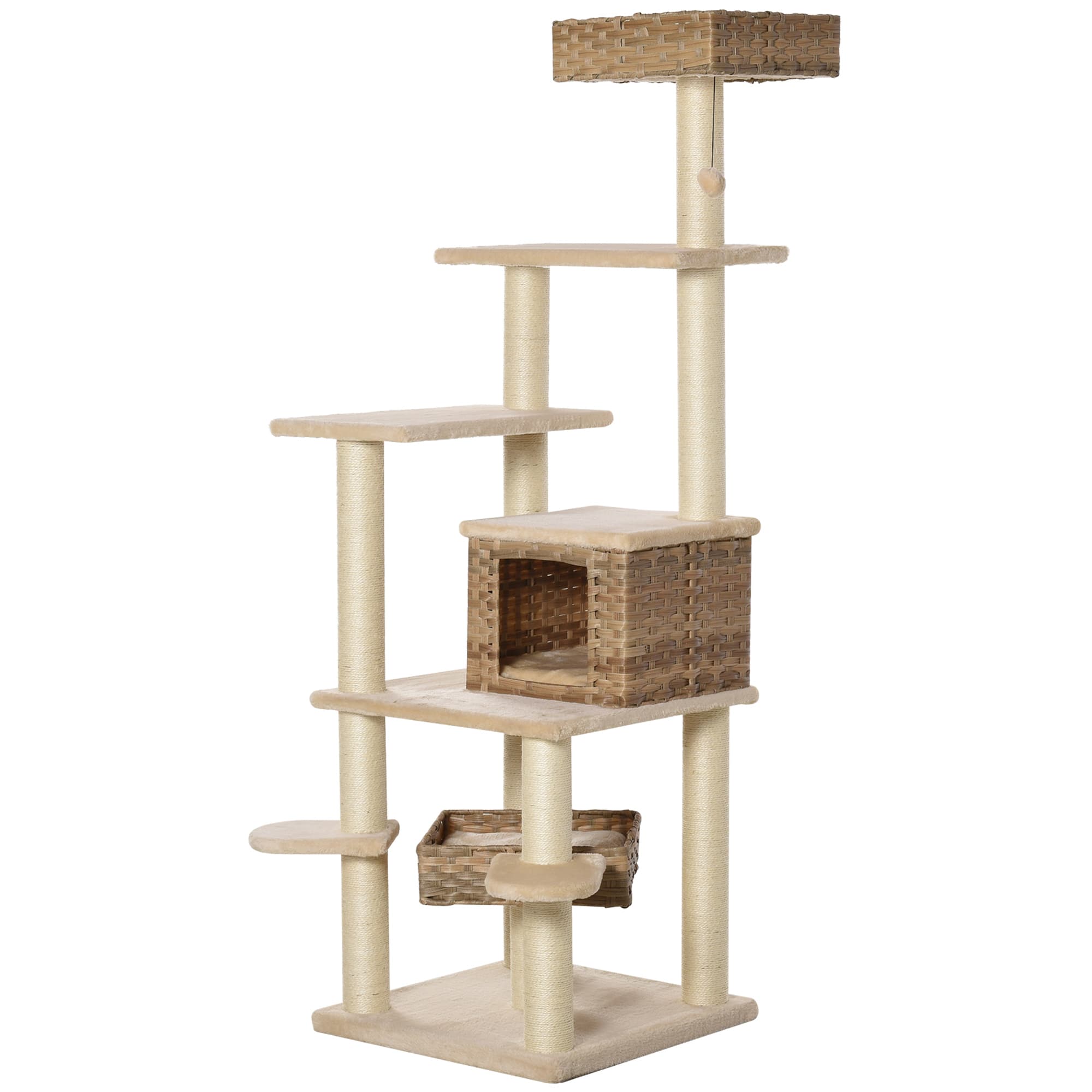 PawHut Arbre à Chat en Rotin avec Grotte pour Chats Arbre à Chat à Plusieurs Étages pour Chats E1 MDF Sisal Beige + Marron 55 x 55 x 174 cm