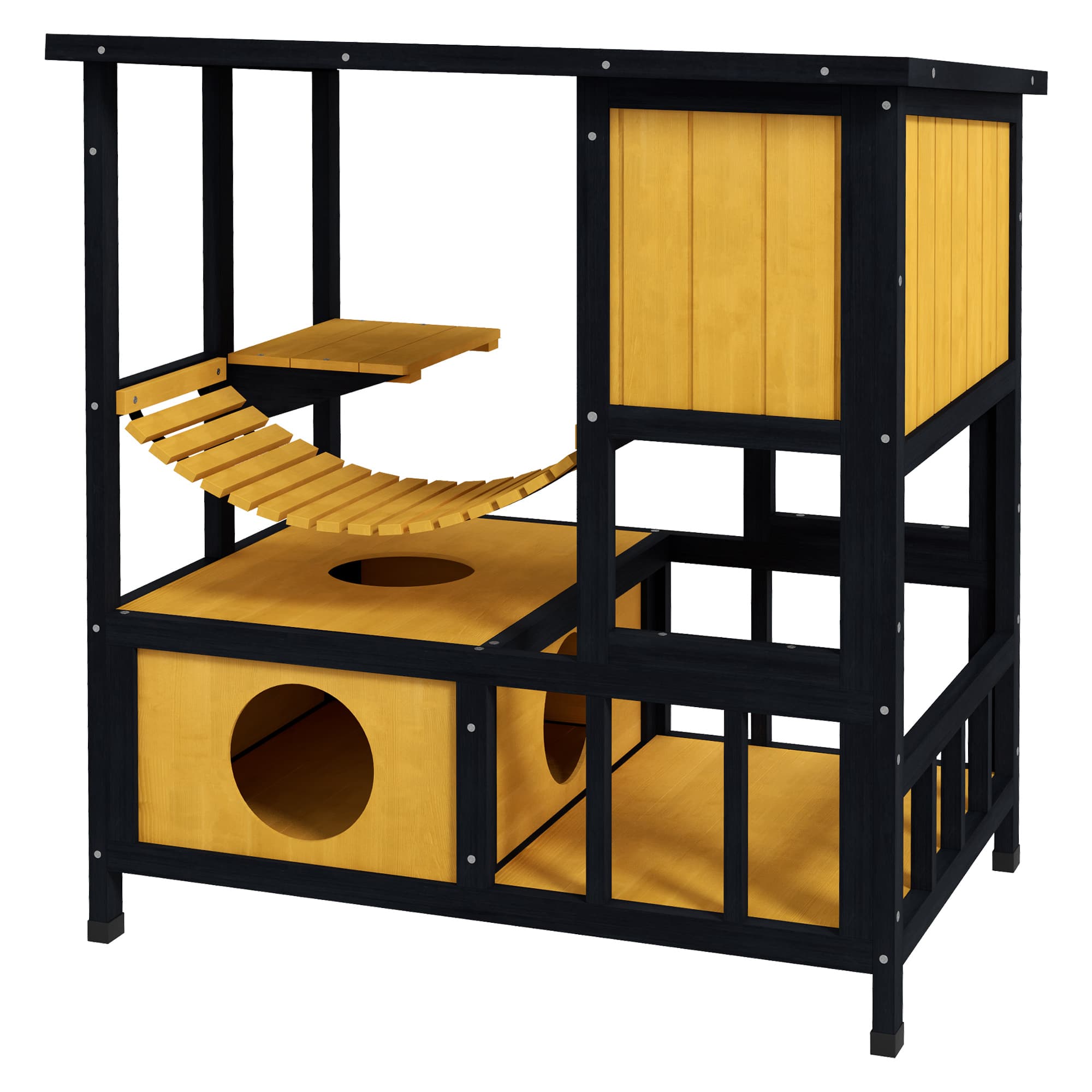 PawHut Maison pour chat Cabane pour chat Maison de chat, résistante aux intempéries, 1 rampe, 1 plateforme, 84,5 x 60 x 88 cm, Vert + Naturel