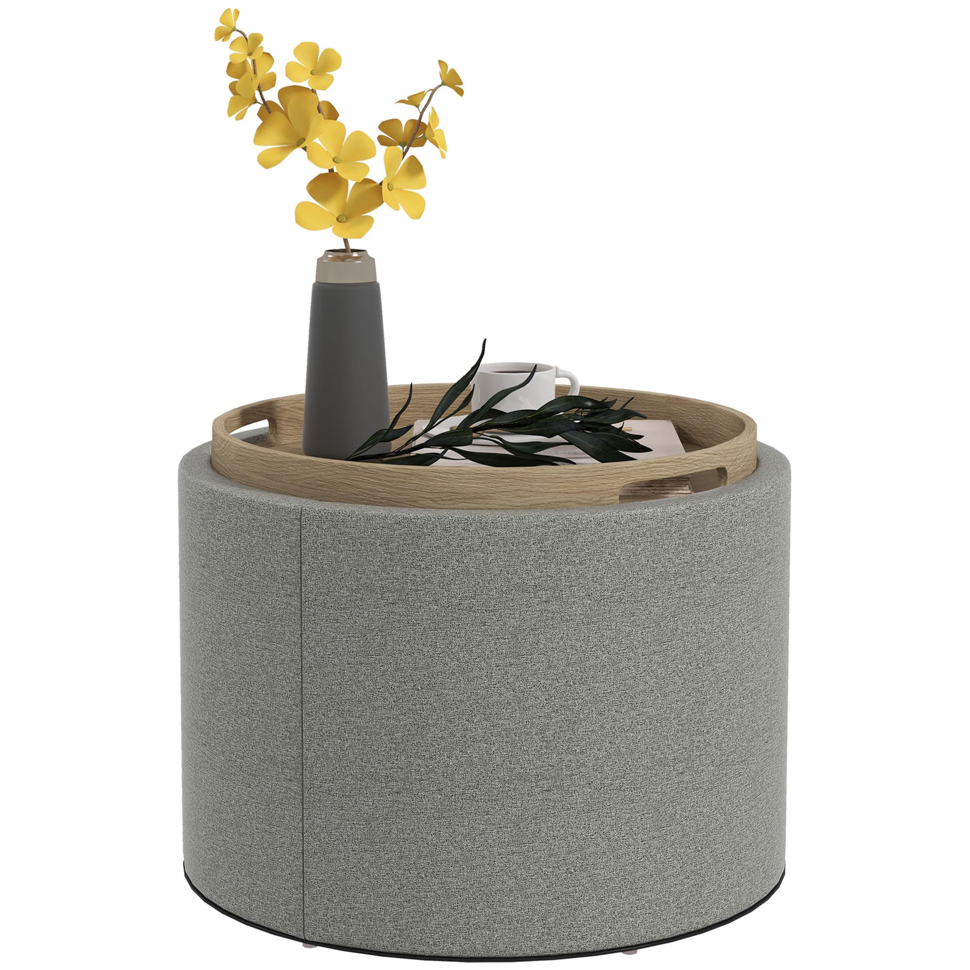 HOMCOM Pouf Rembourré en Lin avec Rangement, Couvercle Reversible, 56 cm x 56 cm x 42 cm, Gris + Naturel