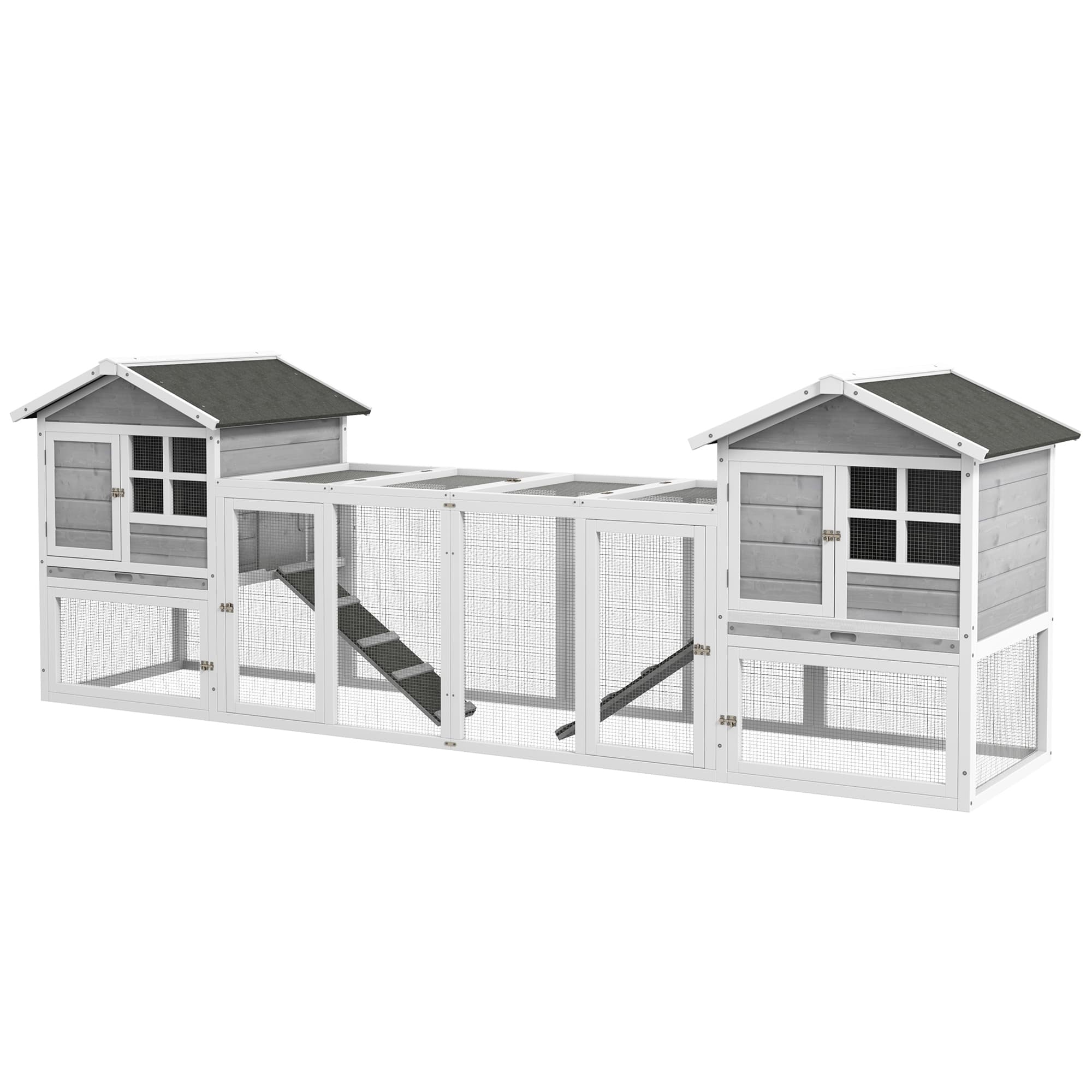 PawHut Clapier pour Petits Animaux, Clapier pour Lapins, Enclos extérieur, Cage, Rampe, bacs à litière amovibles, Blanc + Gris
