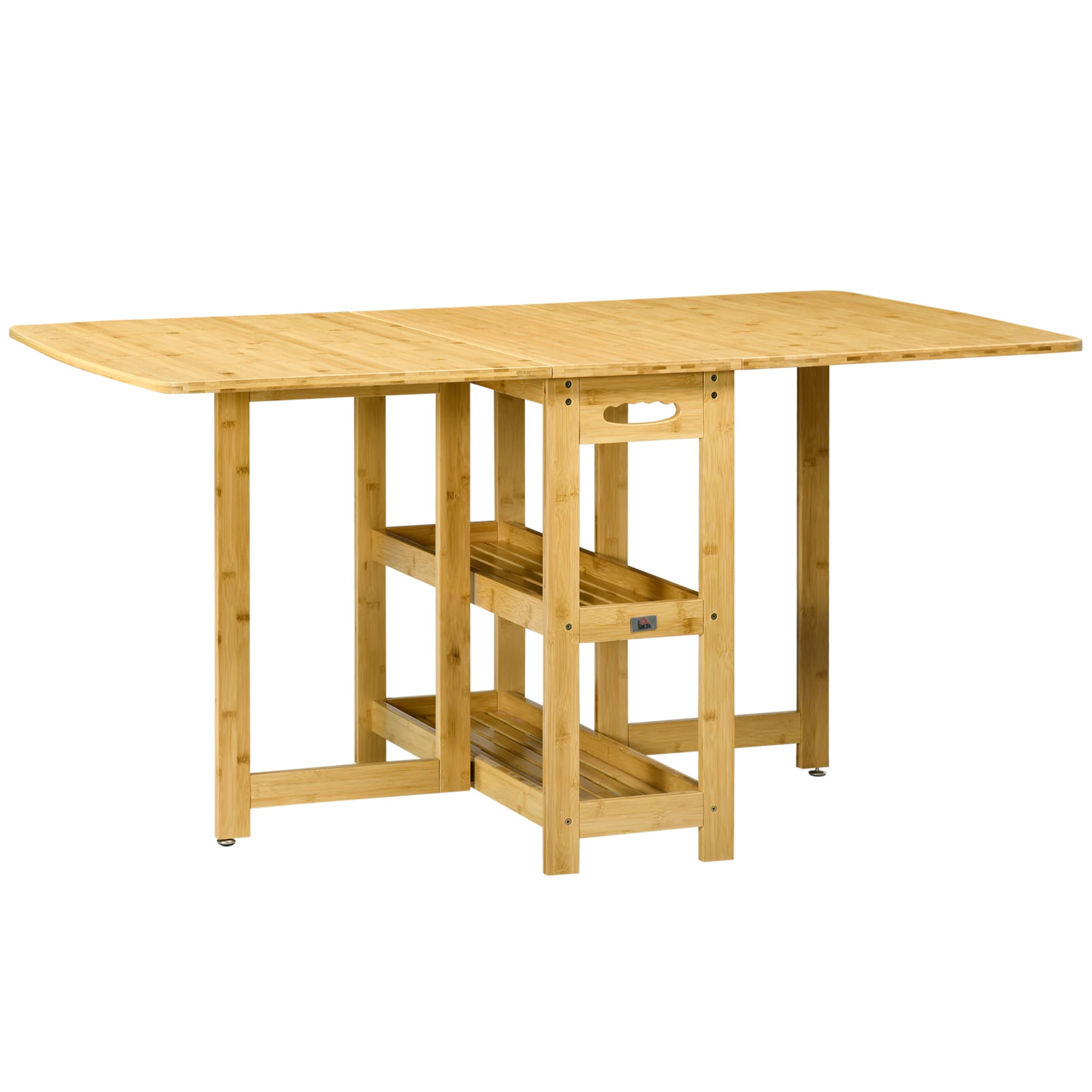 HOMCOM Table pliante, table à manger, deux côtés pliables, deux étagères, pieds réglables, bambou, 149,5 x 80 x 73,5cm