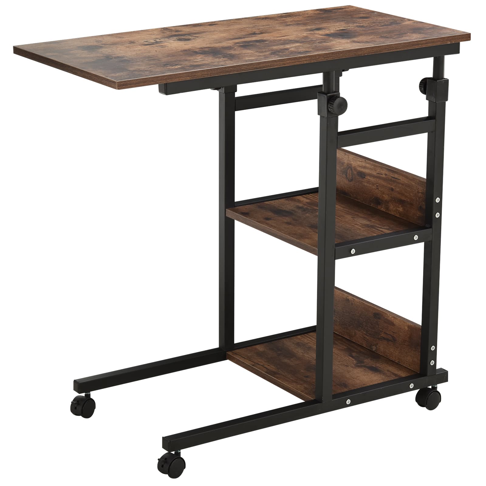 HOMCOM Table d'Appoint avec Roulettes, Réglable en Hauteur, Compacte, 2 Étagères, Cadre Métallique, 80x40x72-82 cm, Marron/Noir